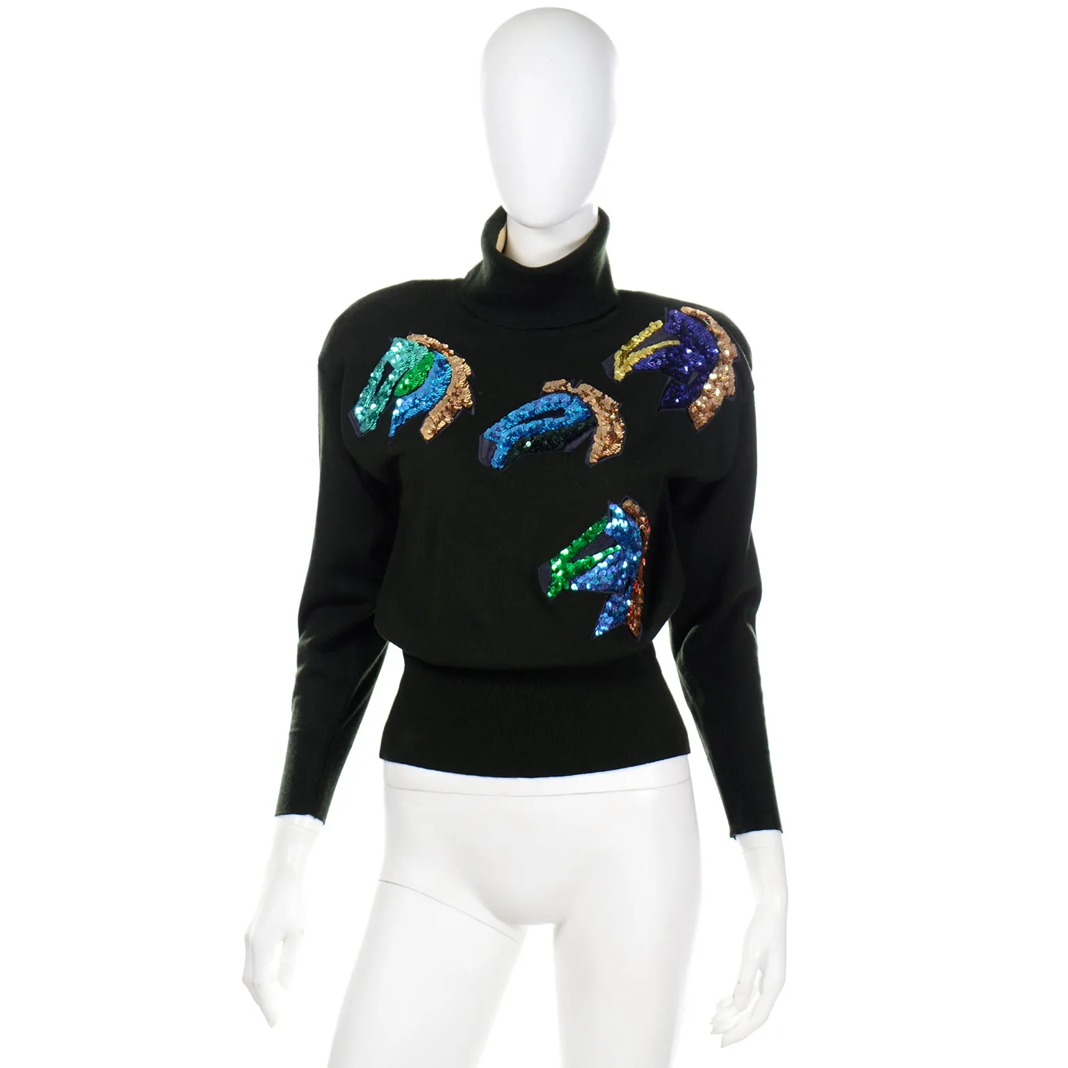 1980s Escada Margaretha Ley Colorful Sequin Horse Sweater