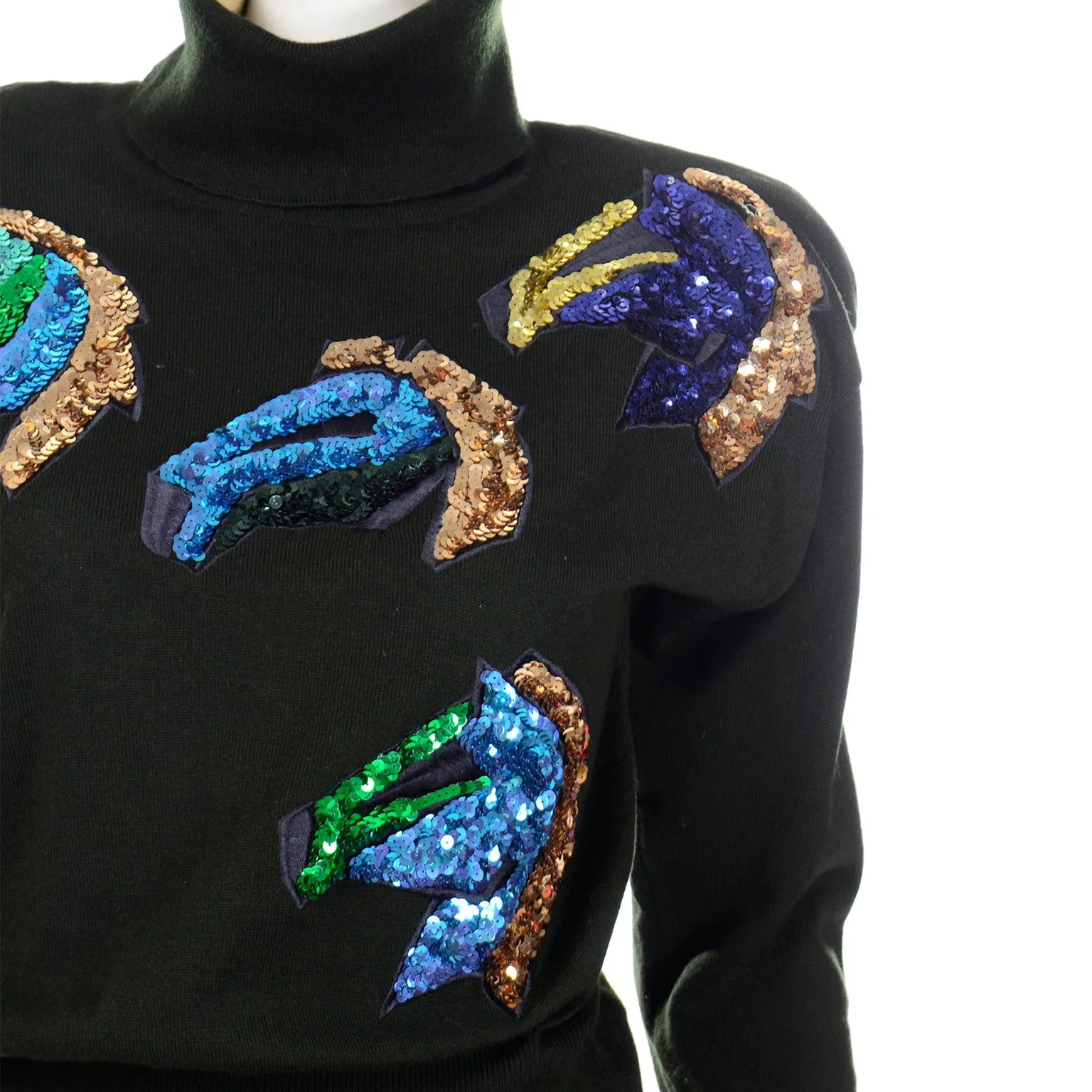 1980s Escada Margaretha Ley Colorful Sequin Horse Sweater