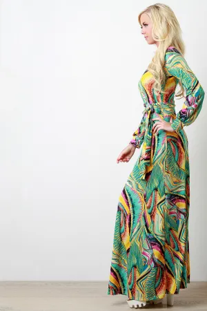 Abstract Neon Print Surplice Longsleeve Dress