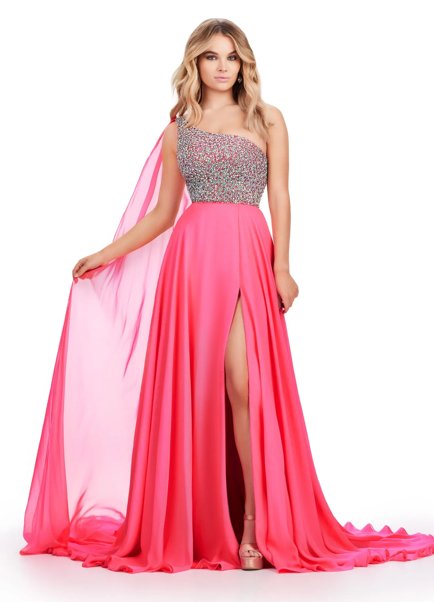 Ashley Lauren 11482 Long Prom Dress One Shoulder Chiffon Gown with Beaded Bustier Formal Pageant Gown