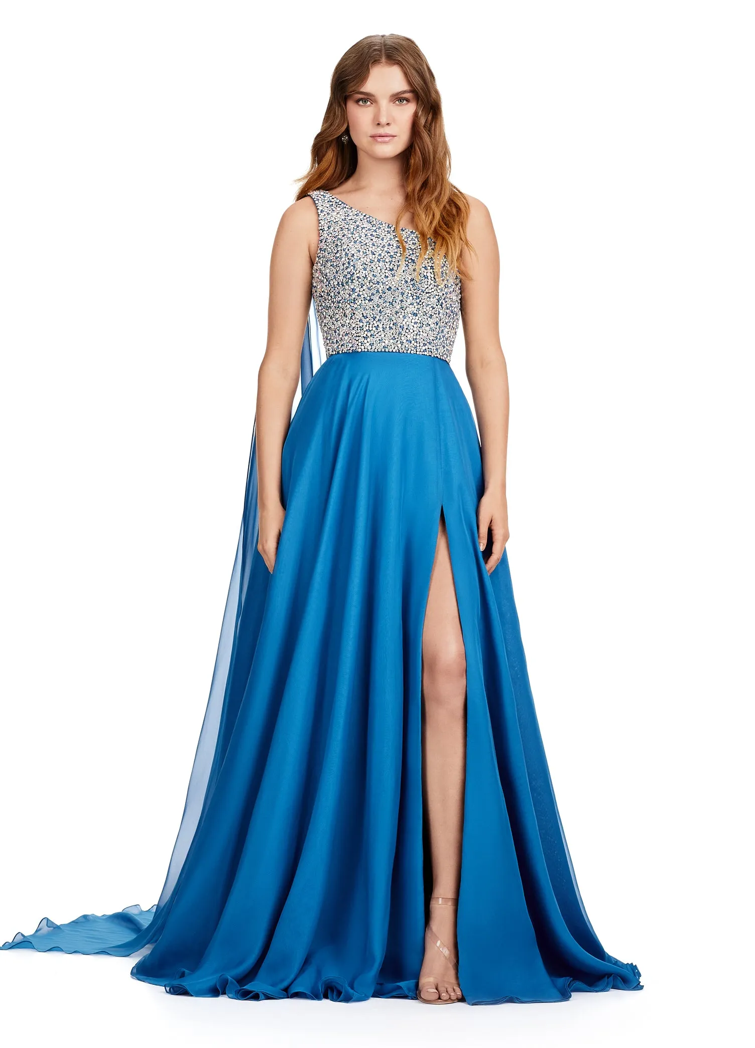 Ashley Lauren 11482 Long Prom Dress One Shoulder Chiffon Gown with Beaded Bustier Formal Pageant Gown