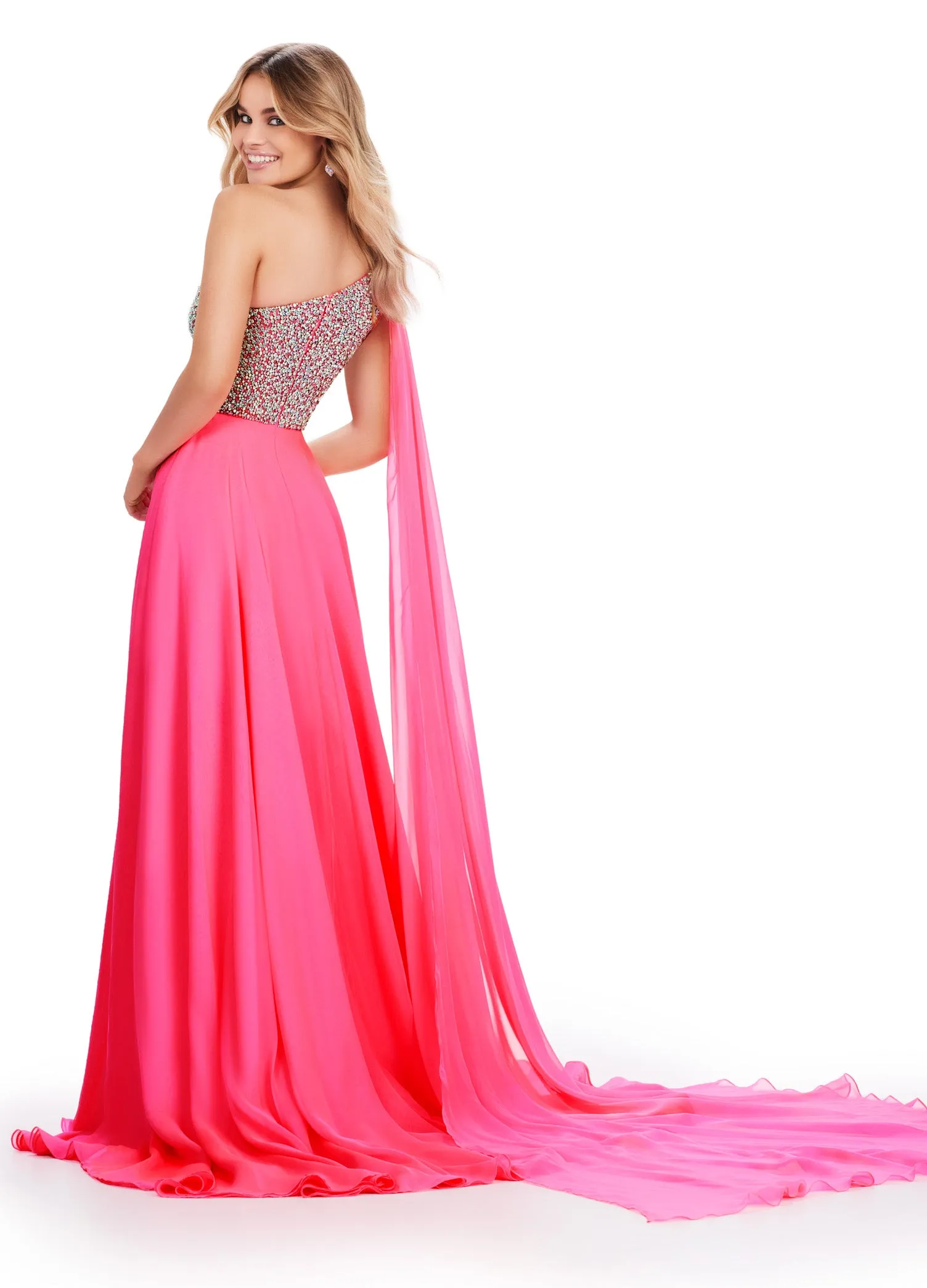 Ashley Lauren 11482 Long Prom Dress One Shoulder Chiffon Gown with Beaded Bustier Formal Pageant Gown