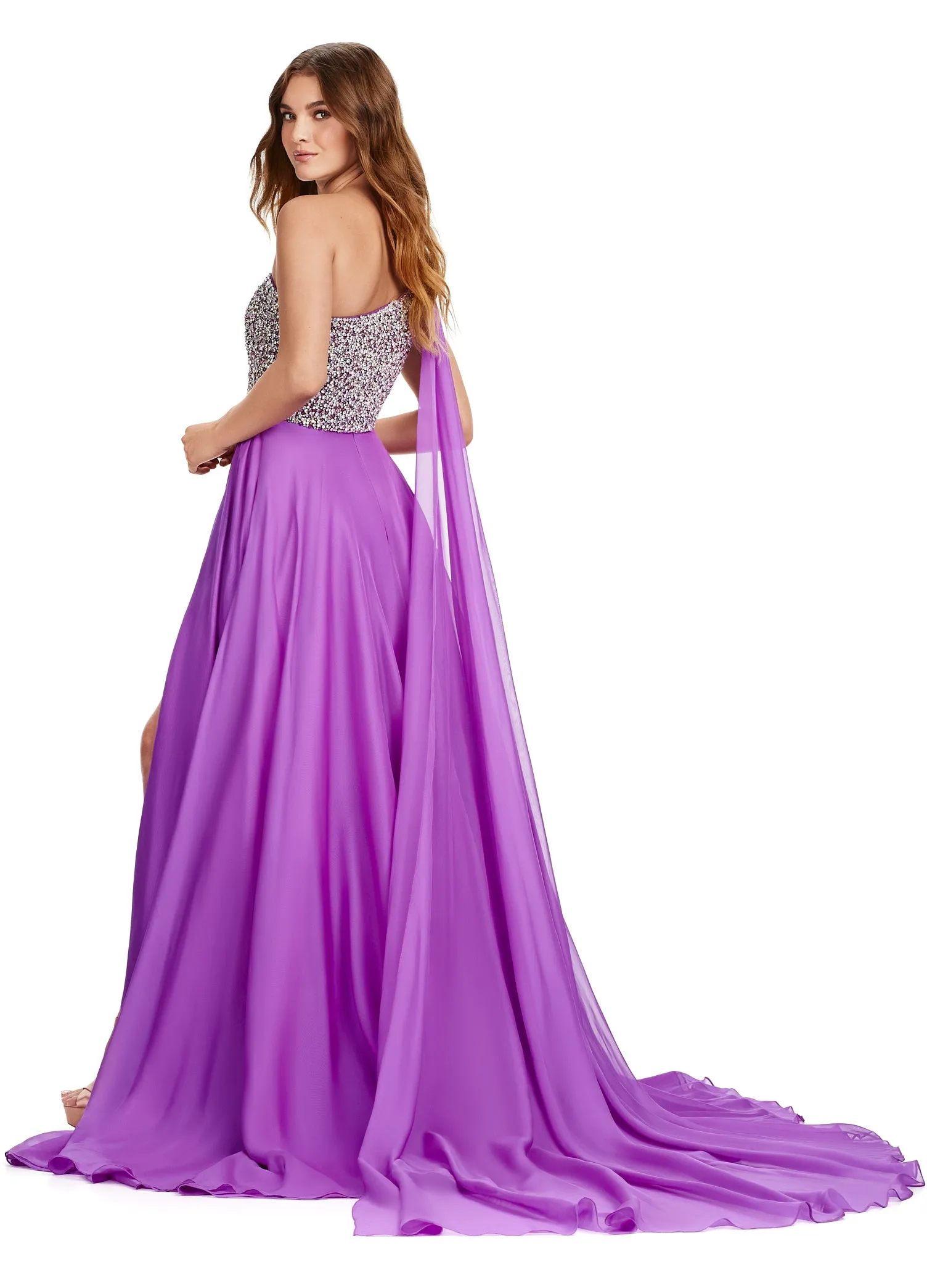 Ashley Lauren 11482 Long Prom Dress One Shoulder Chiffon Gown with Beaded Bustier Formal Pageant Gown