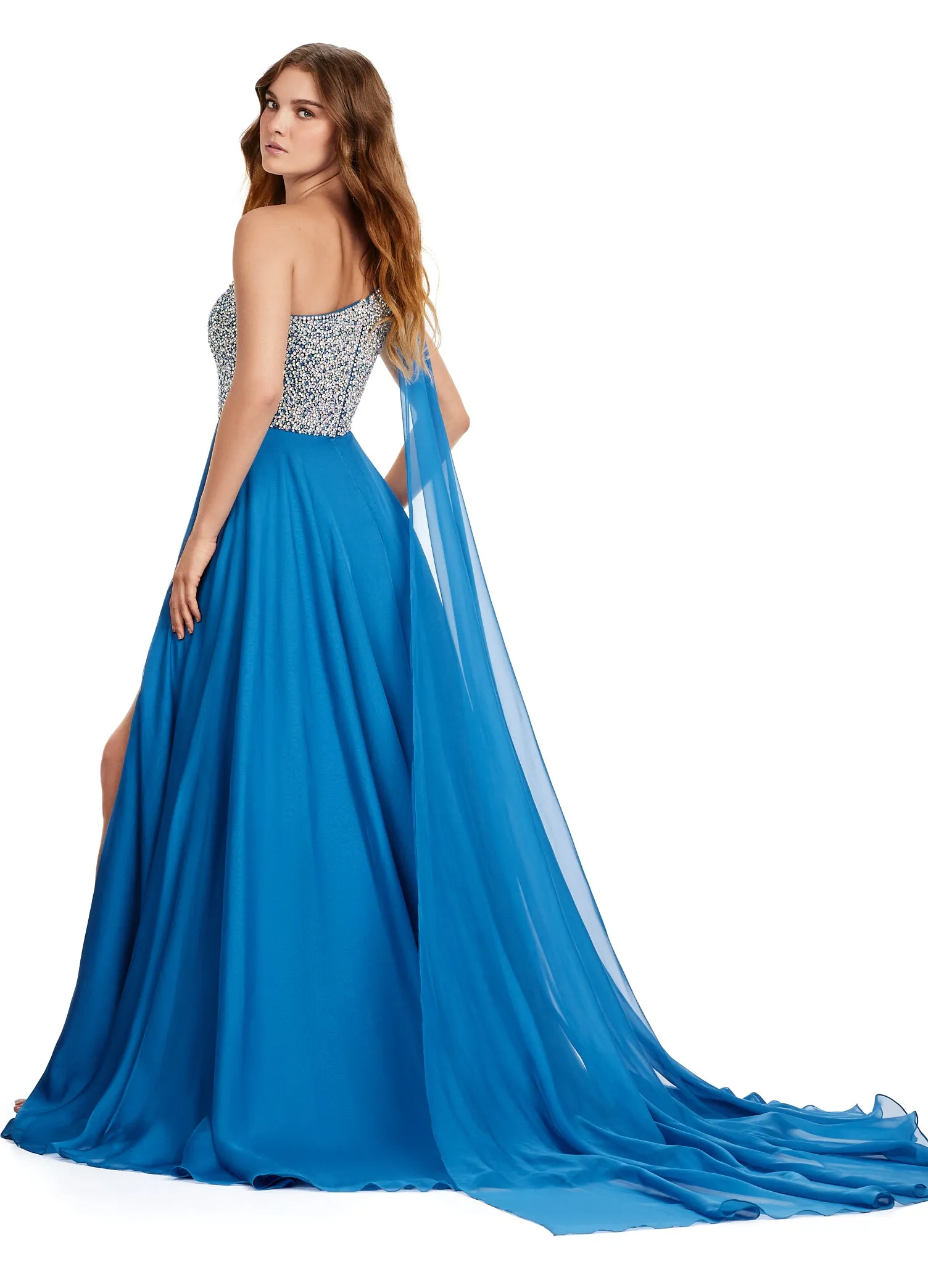 Ashley Lauren 11482 Long Prom Dress One Shoulder Chiffon Gown with Beaded Bustier Formal Pageant Gown