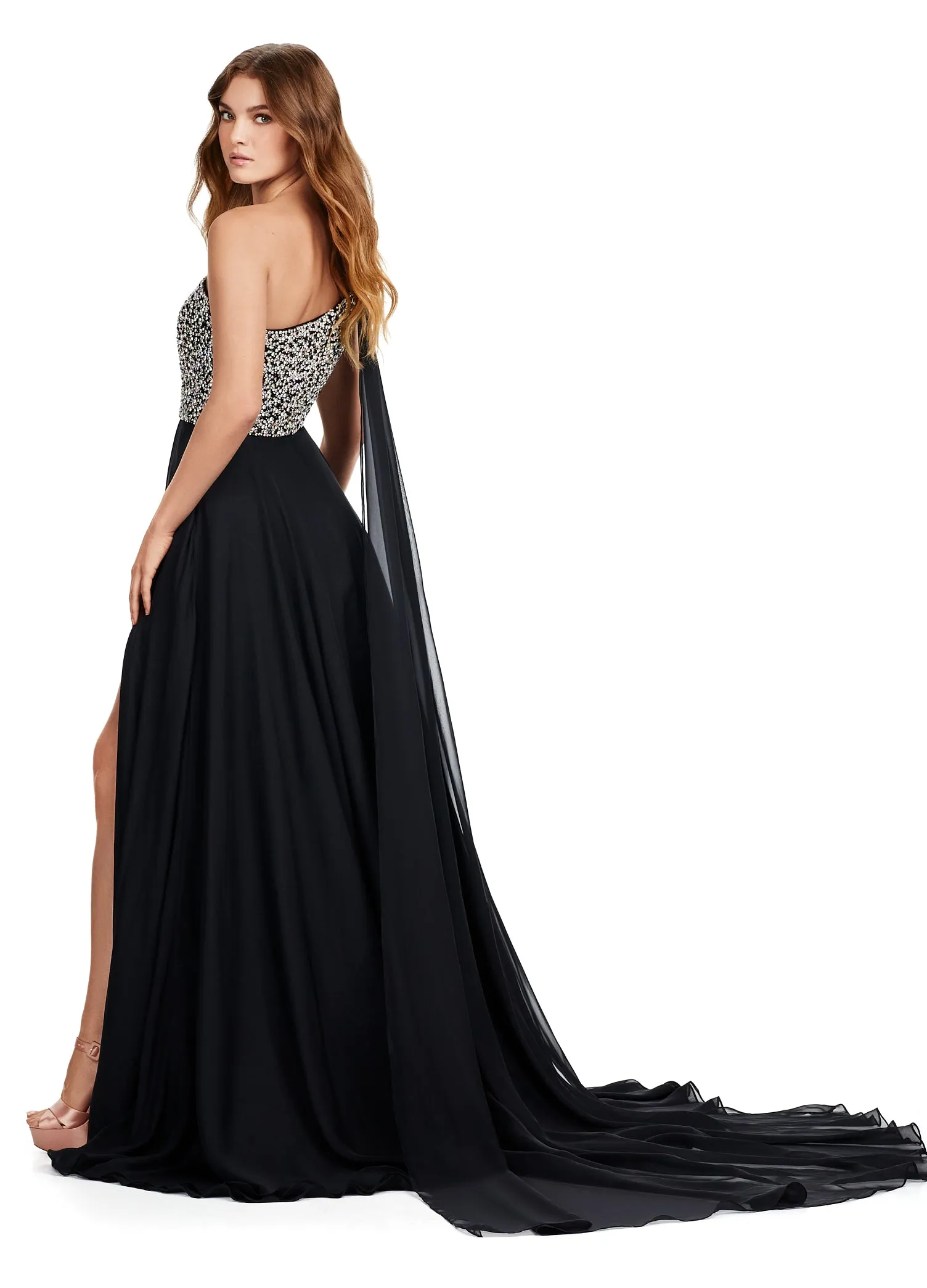 Ashley Lauren 11482 Long Prom Dress One Shoulder Chiffon Gown with Beaded Bustier Formal Pageant Gown