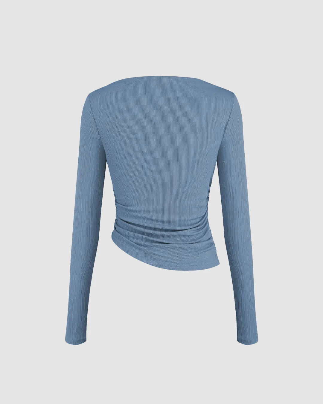 Asymmetrical Neck Ruched Long Sleeve Tee In Dusty Blue