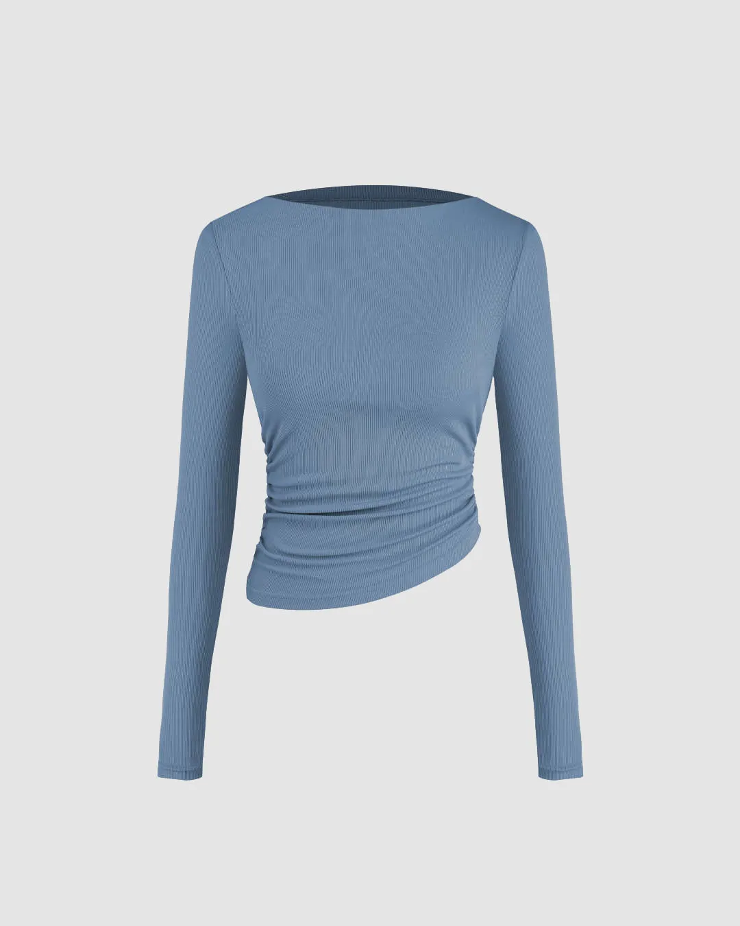 Asymmetrical Neck Ruched Long Sleeve Tee In Dusty Blue