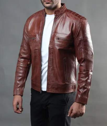 Austin Men's Distressed Brown Leather Cafe Racer Jacket