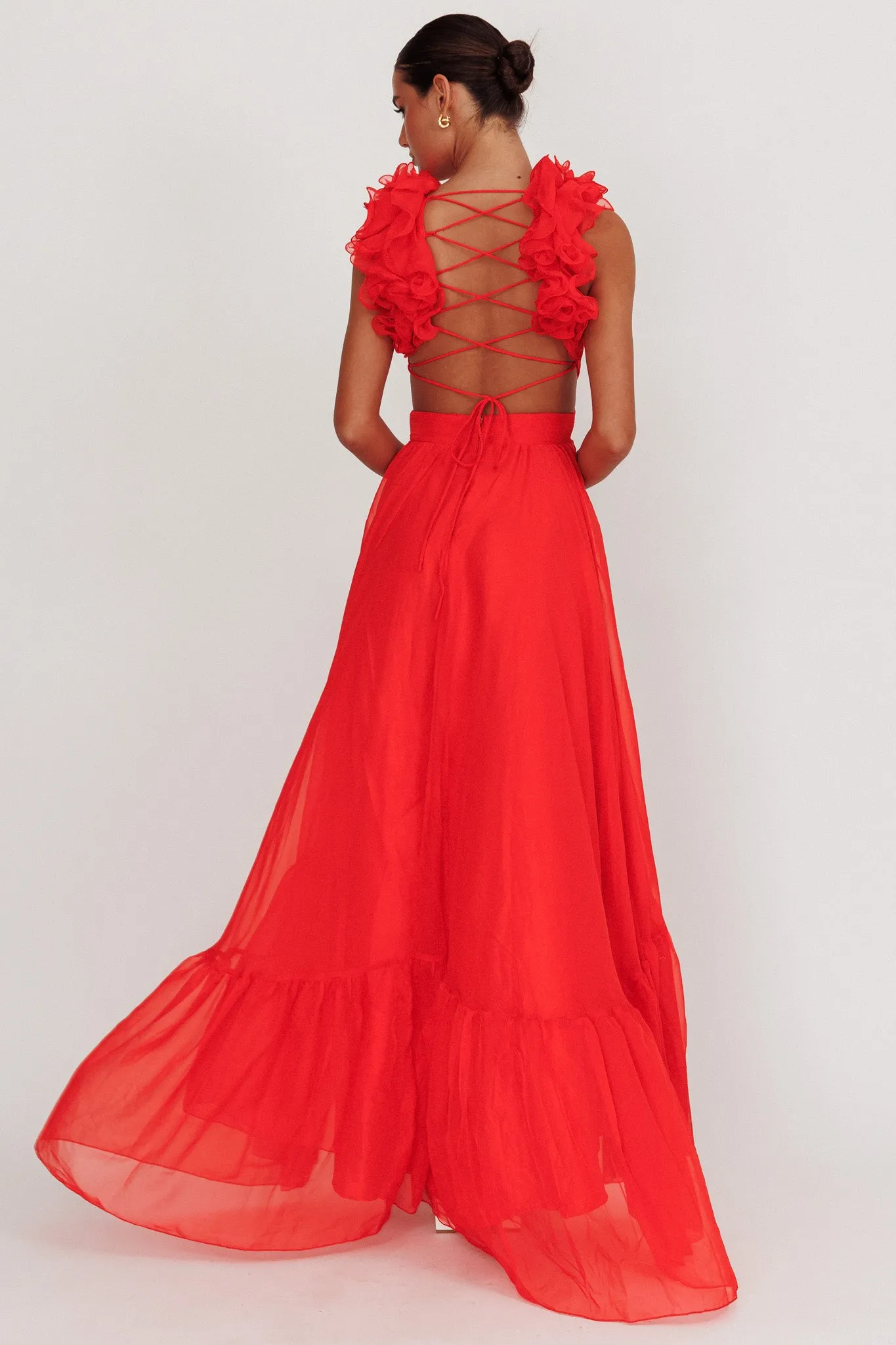 Bellamy Lace-Up Back Ruffle Maxi Dress Red