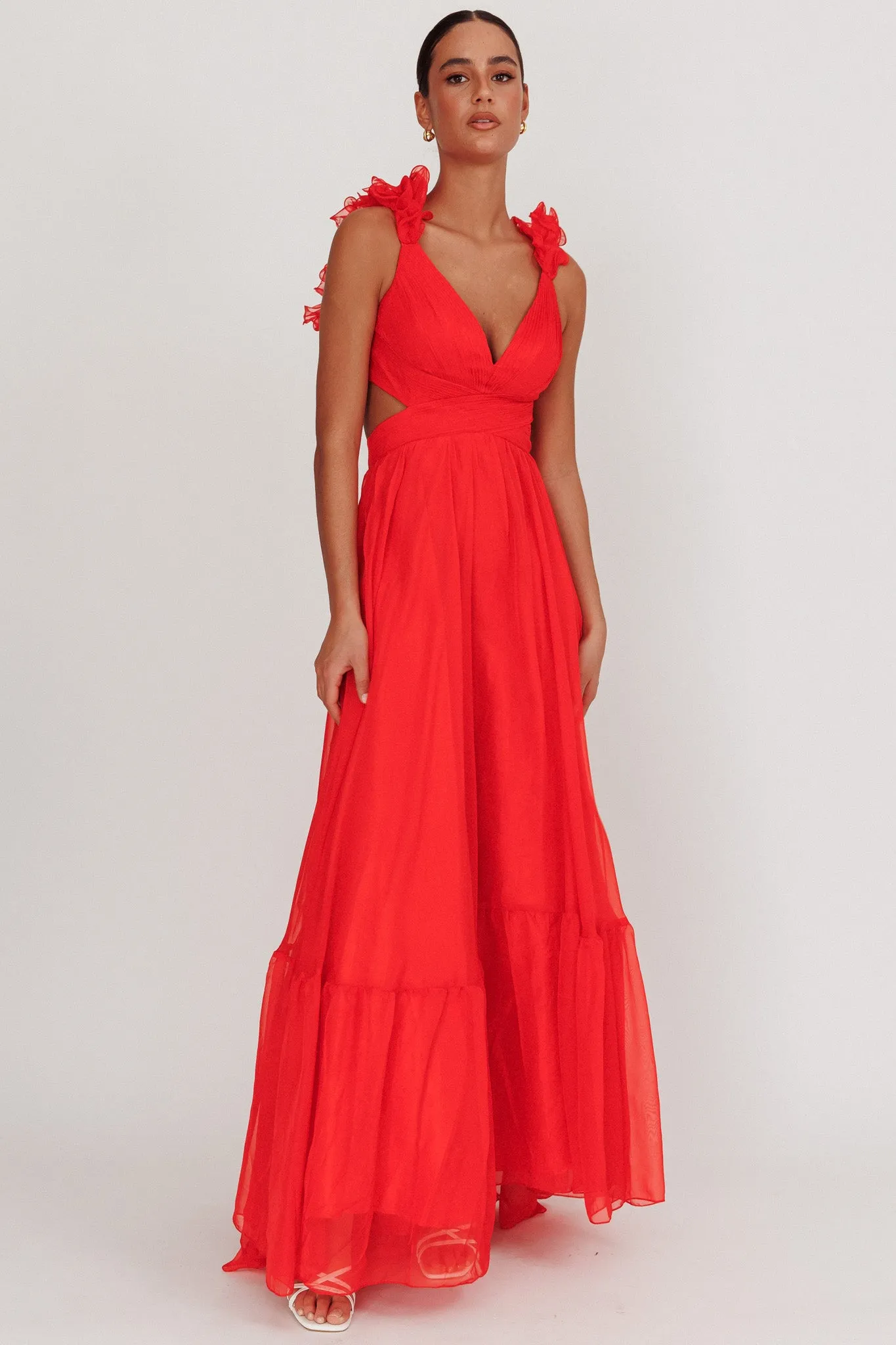 Bellamy Lace-Up Back Ruffle Maxi Dress Red