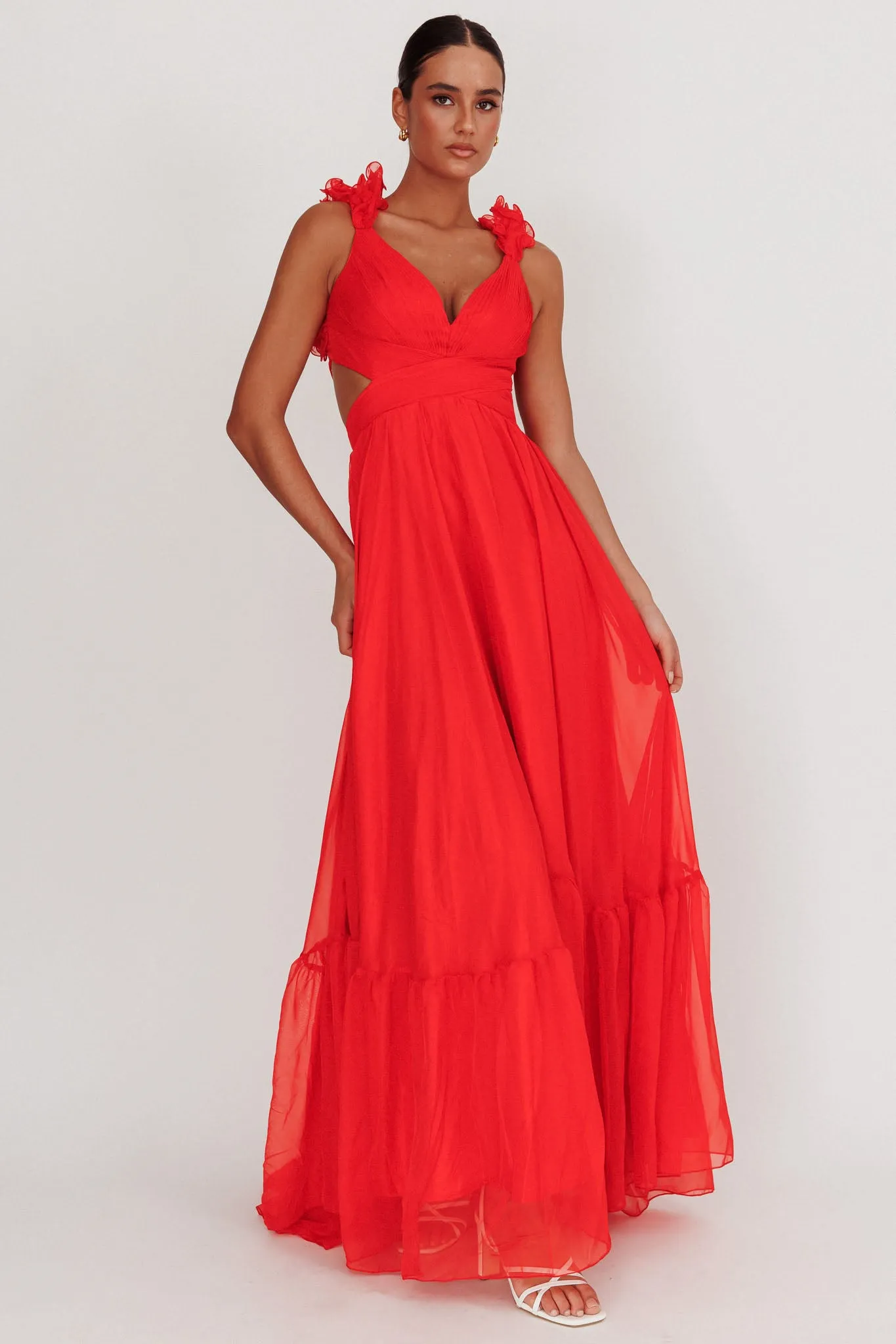 Bellamy Lace-Up Back Ruffle Maxi Dress Red