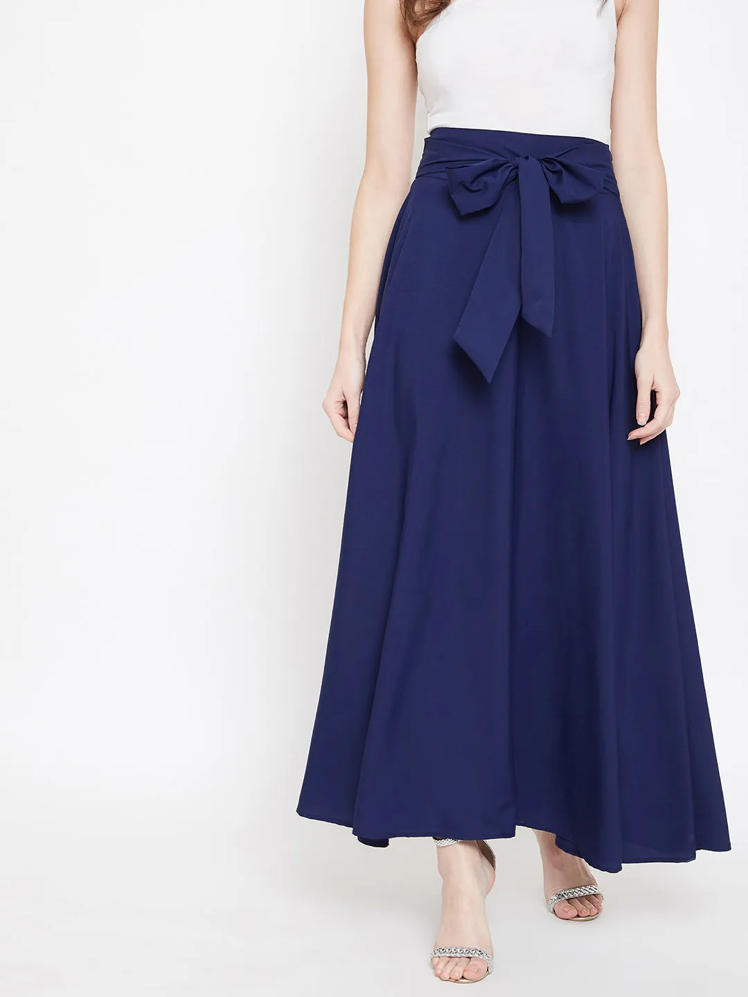 Berrylush Women Solid Navy Blue Bow-Tie High-Waist Flared Maxi Skirt