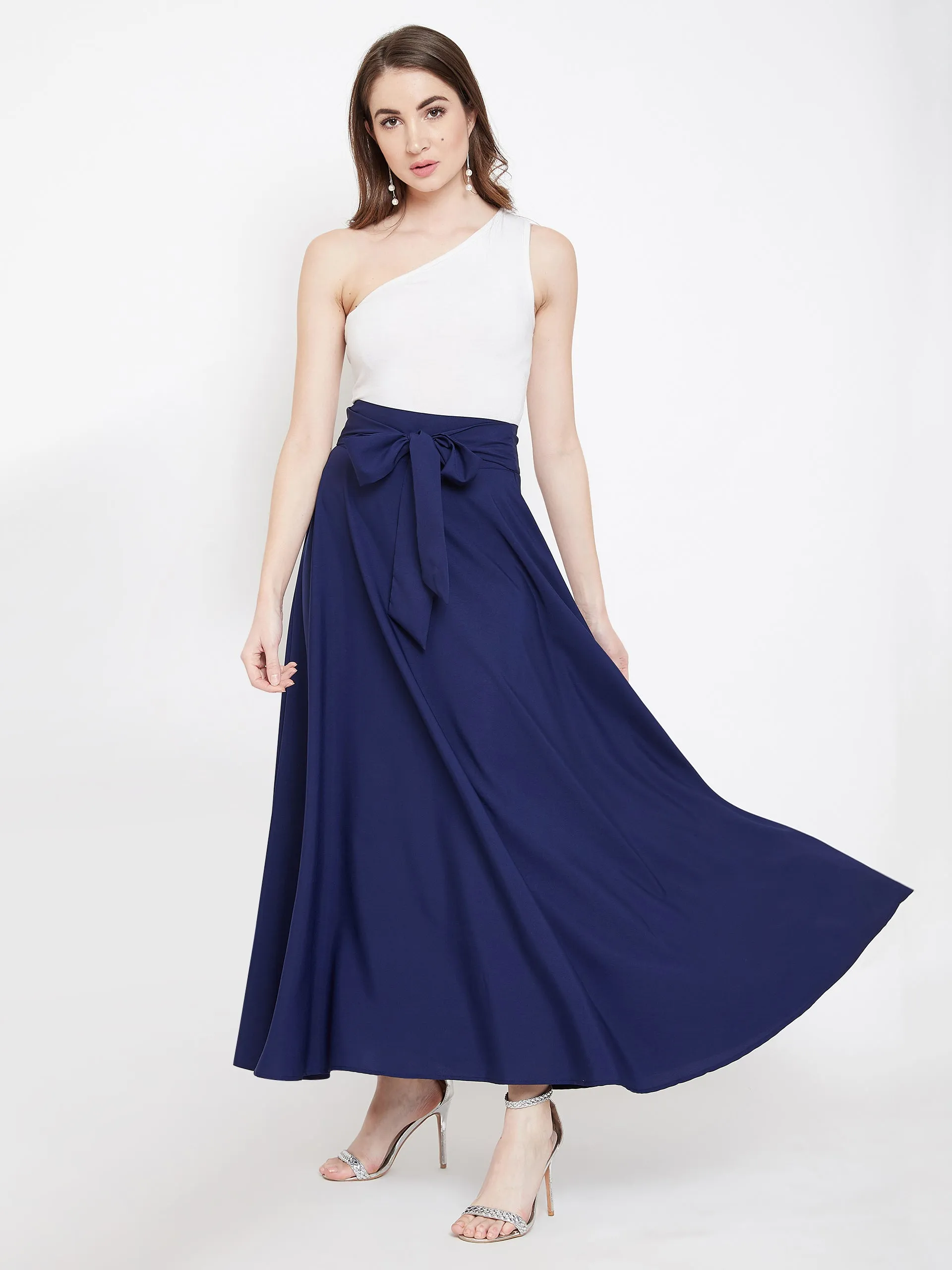 Berrylush Women Solid Navy Blue Bow-Tie High-Waist Flared Maxi Skirt