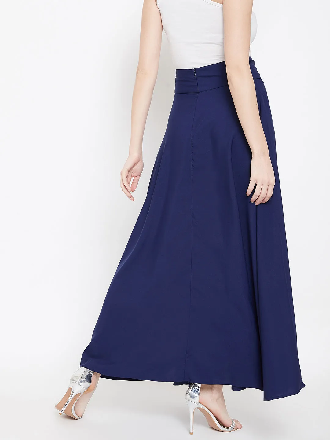 Berrylush Women Solid Navy Blue Bow-Tie High-Waist Flared Maxi Skirt