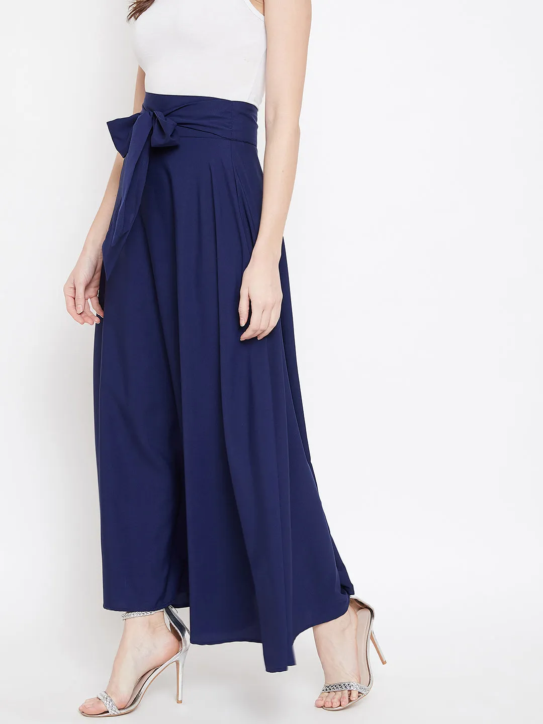 Berrylush Women Solid Navy Blue Bow-Tie High-Waist Flared Maxi Skirt