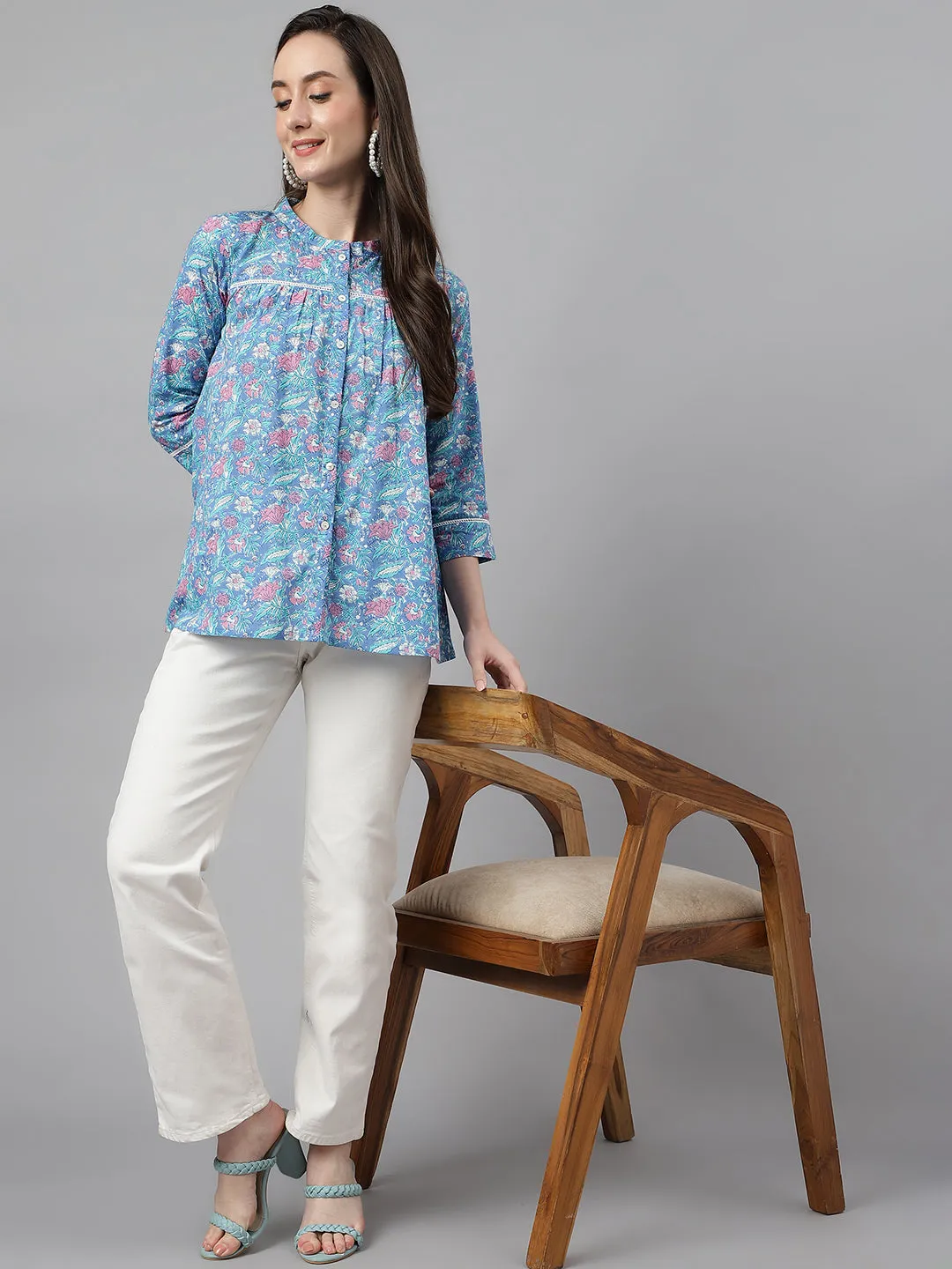 Blue Cotton Botanical Print Empire Top  - By Janasya