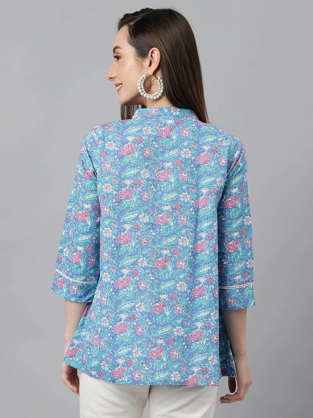 Blue Cotton Botanical Print Empire Top  - By Janasya