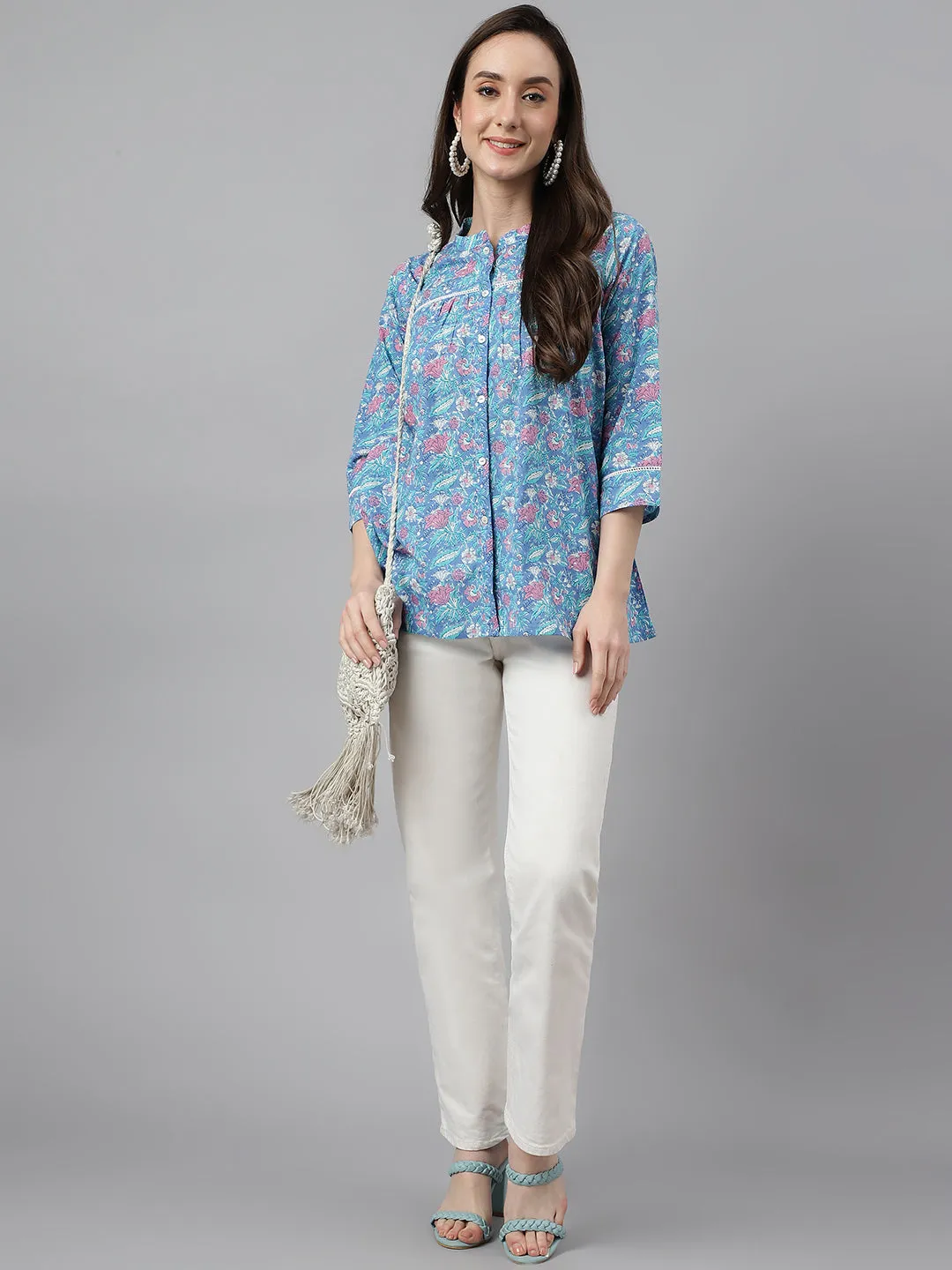 Blue Cotton Botanical Print Empire Top  - By Janasya