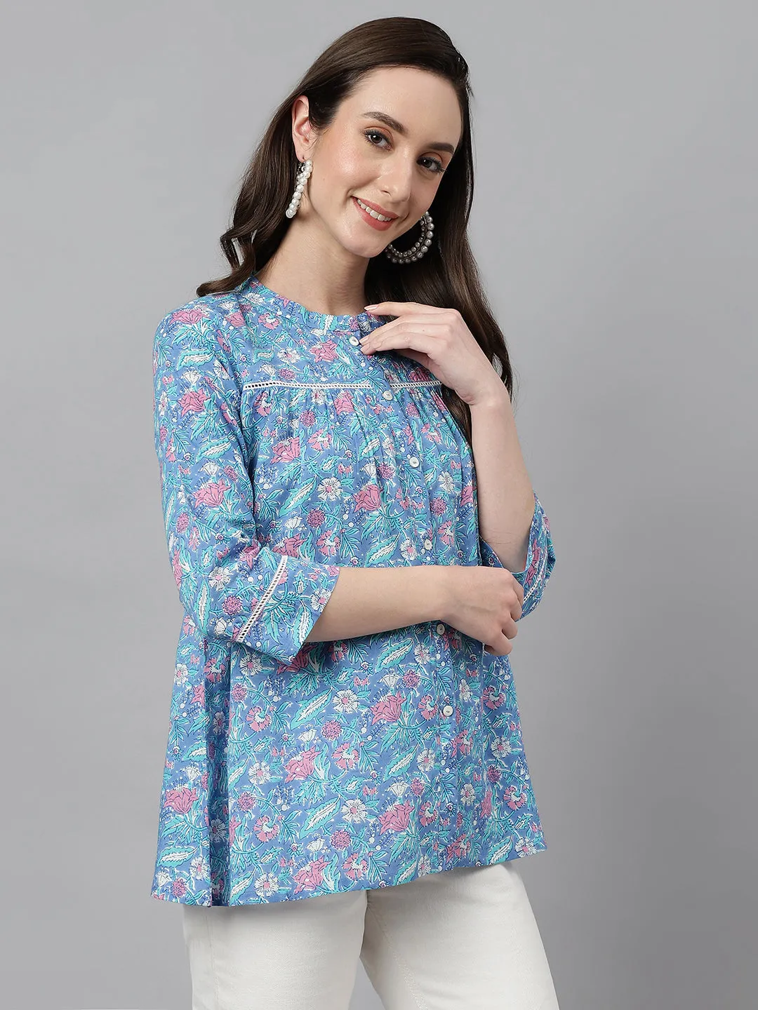 Blue Cotton Botanical Print Empire Top  - By Janasya