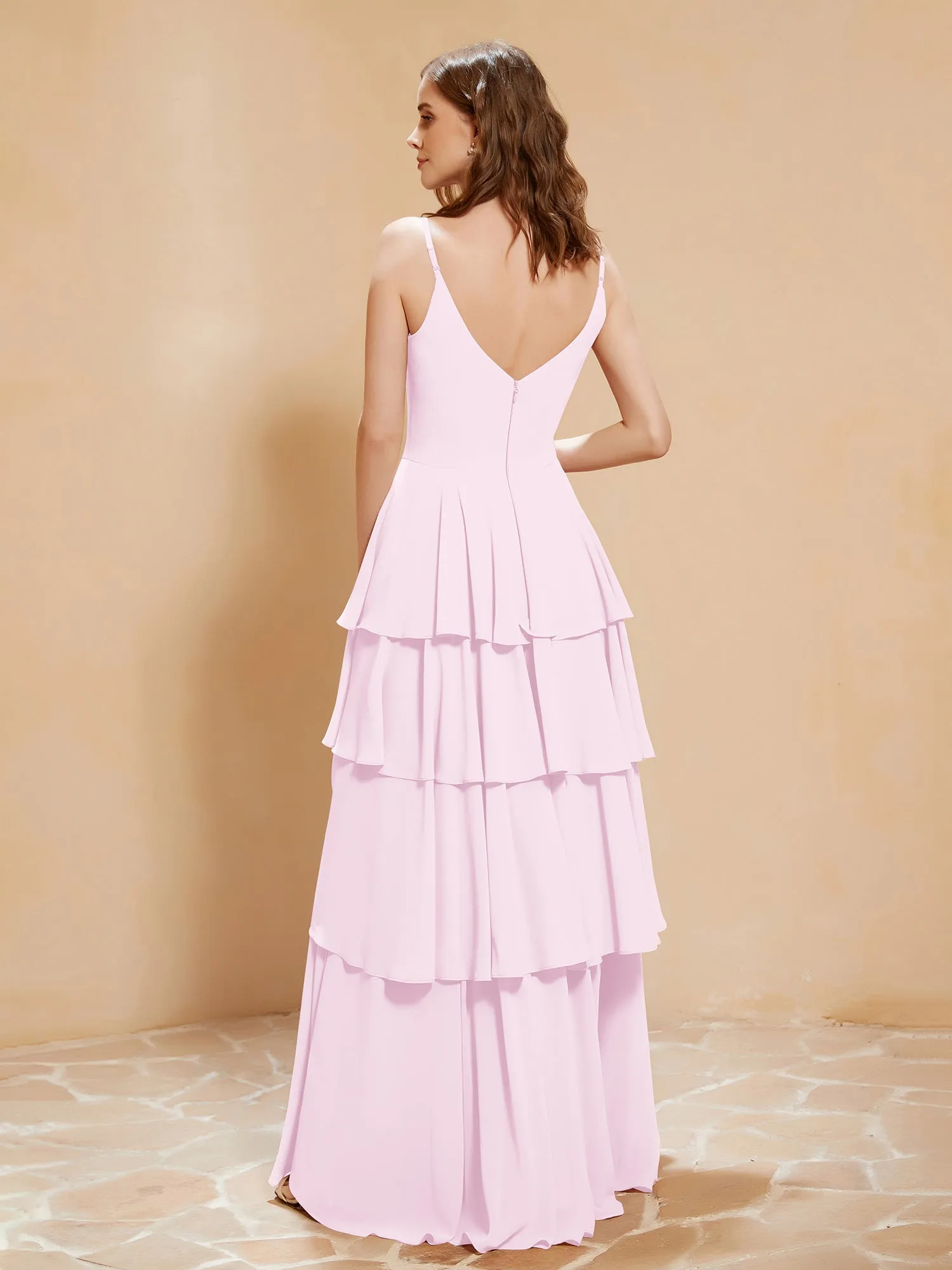 Boho V-neck Floor-length Dress Flowy Ruffles Blushing Pink