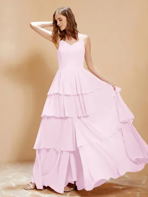 Boho V-neck Floor-length Dress Flowy Ruffles Blushing Pink