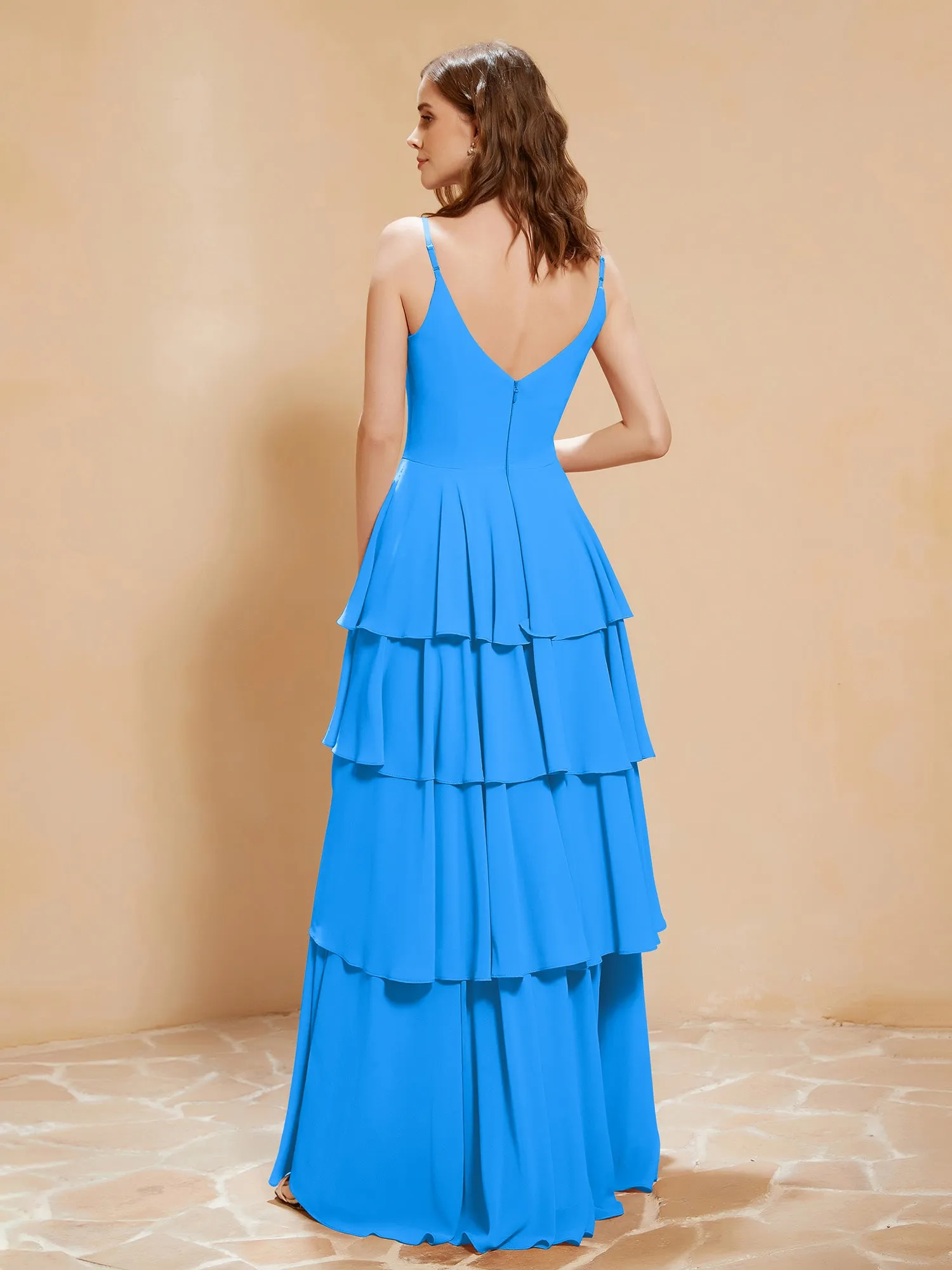 Boho V-neck Floor-length Dress Flowy Ruffles Ocean Blue