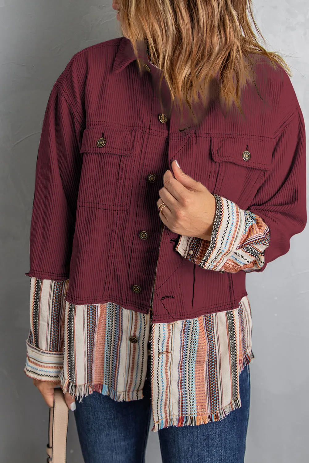 Button Up Pockets Striped Color Block Corduroy Jacket