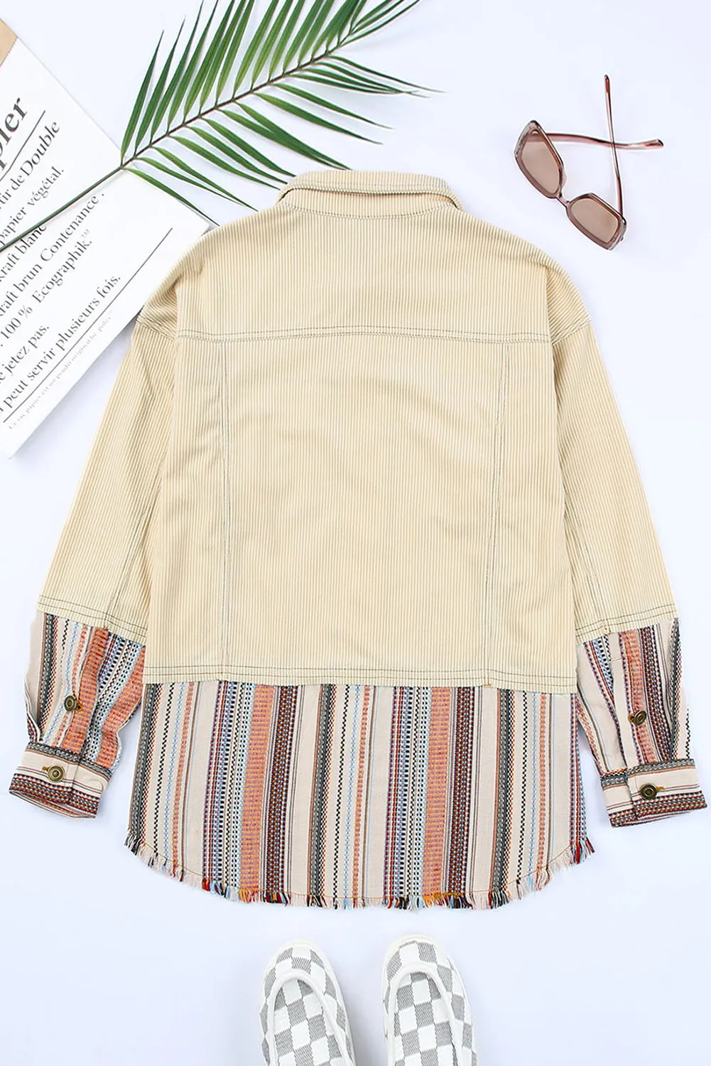 Button Up Pockets Striped Color Block Corduroy Jacket