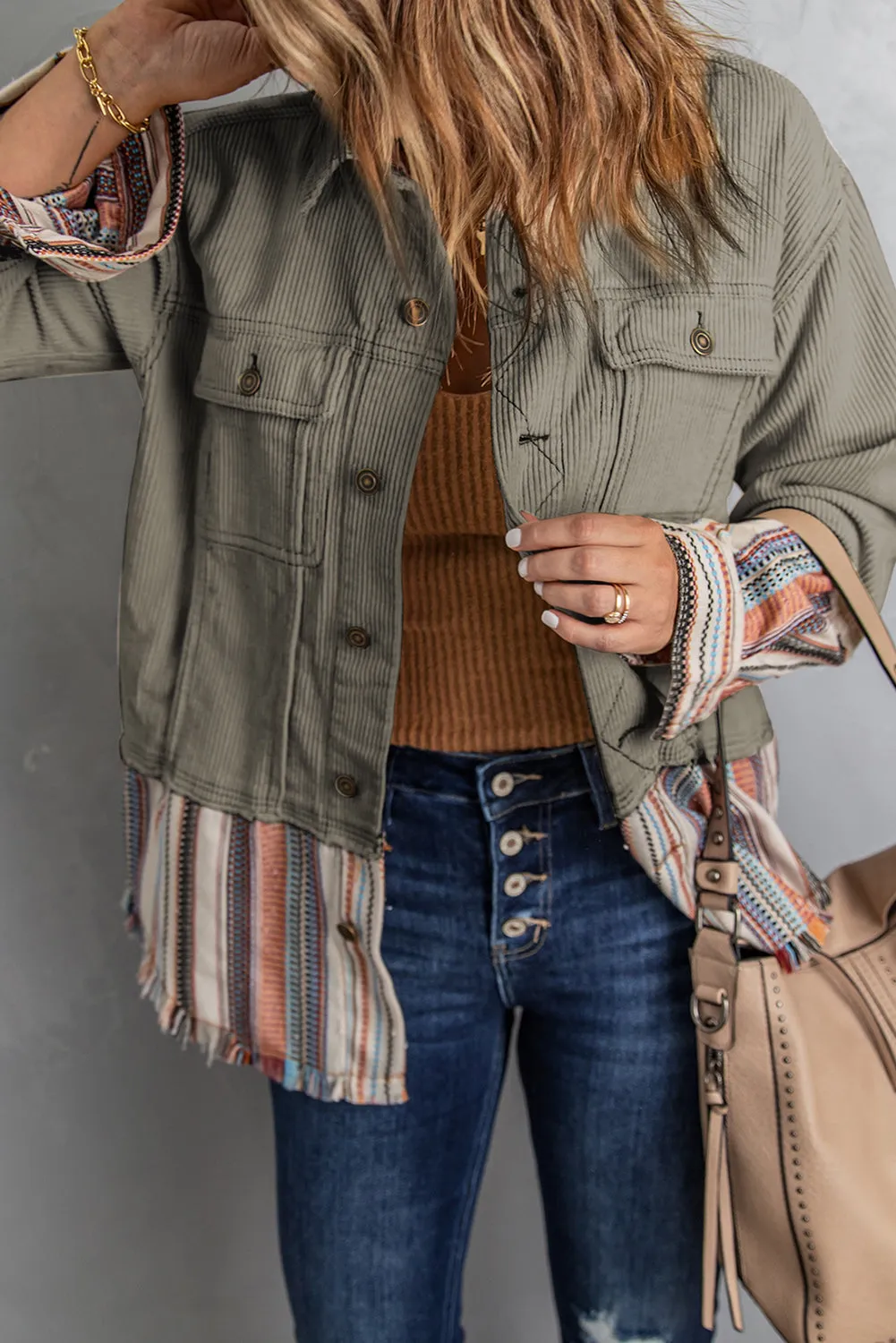 Button Up Pockets Striped Color Block Corduroy Jacket