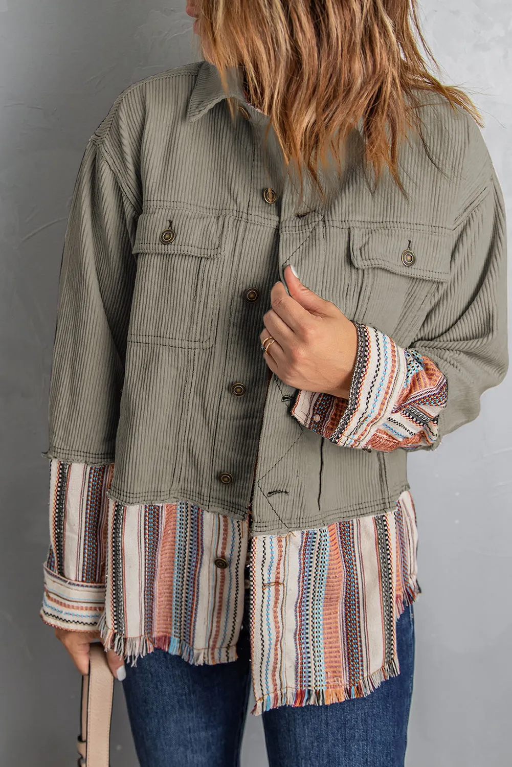 Button Up Pockets Striped Color Block Corduroy Jacket