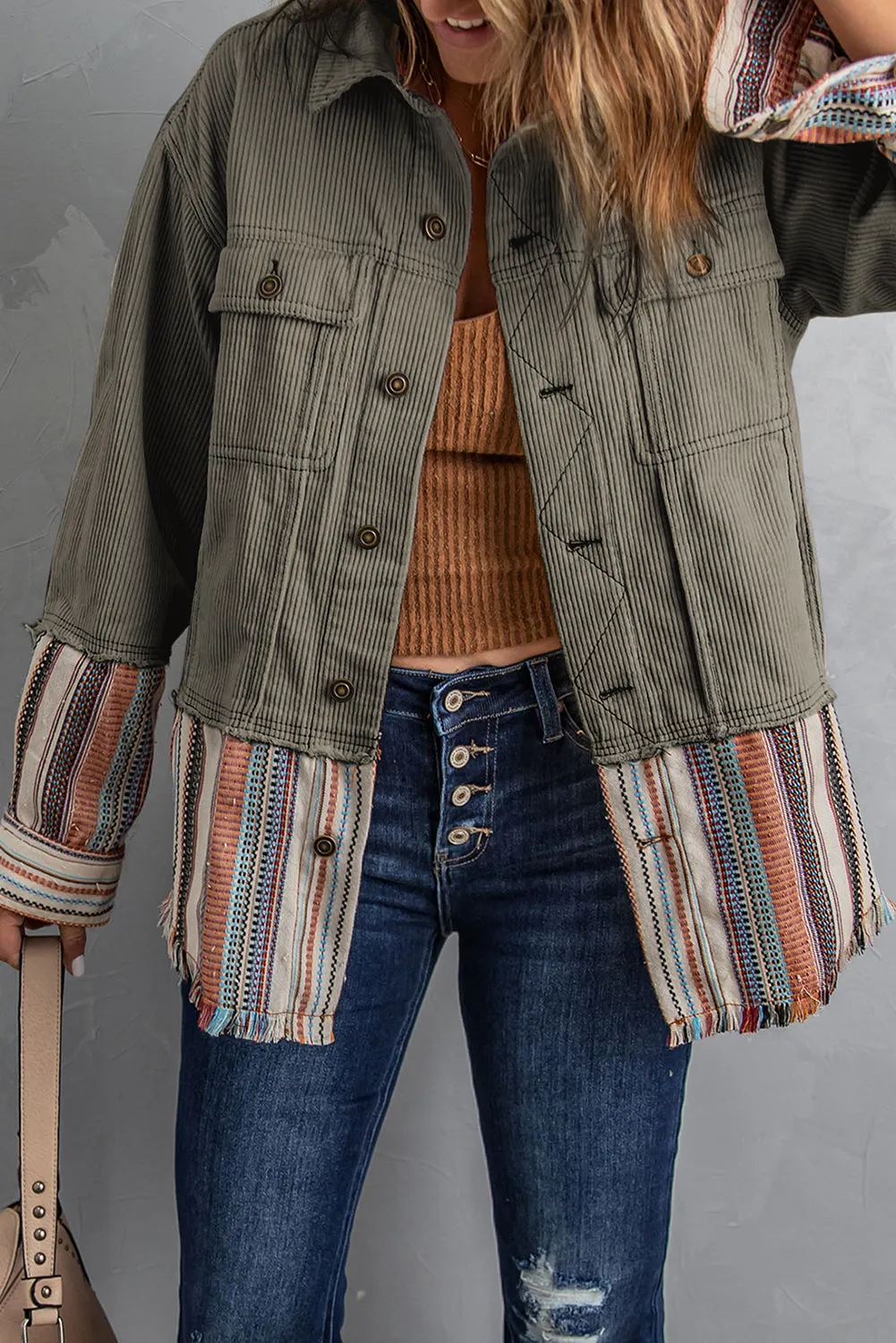 Button Up Pockets Striped Color Block Corduroy Jacket