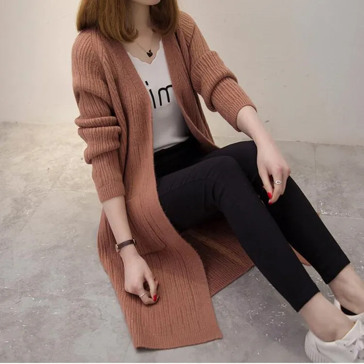 Candy Color Pockets Long Open Knitwear Cardigan