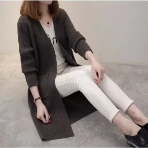 Candy Color Pockets Long Open Knitwear Cardigan