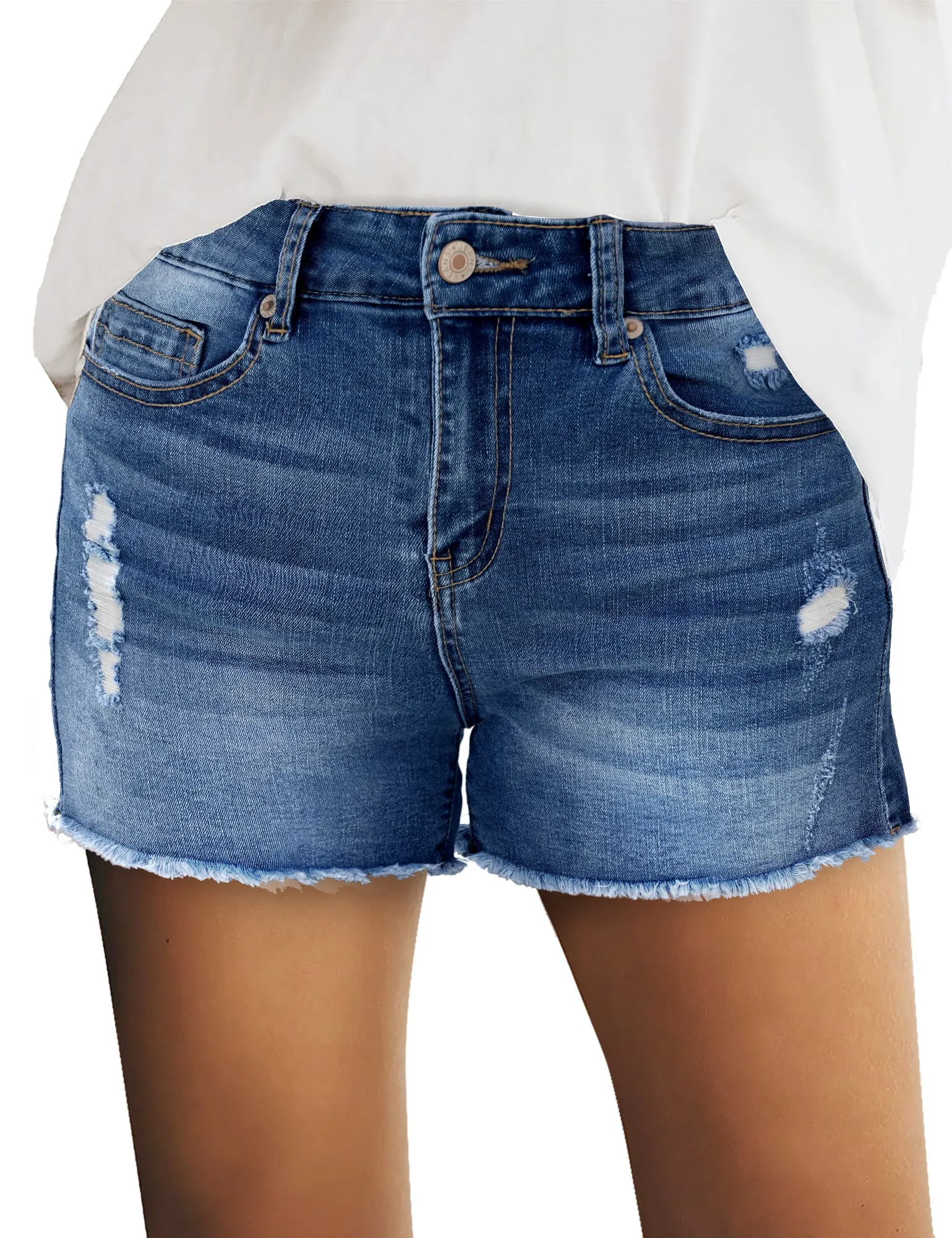 Deep Blue Women's Mid Rise  Hem Distressed Jeans Ripped Denim Shorts