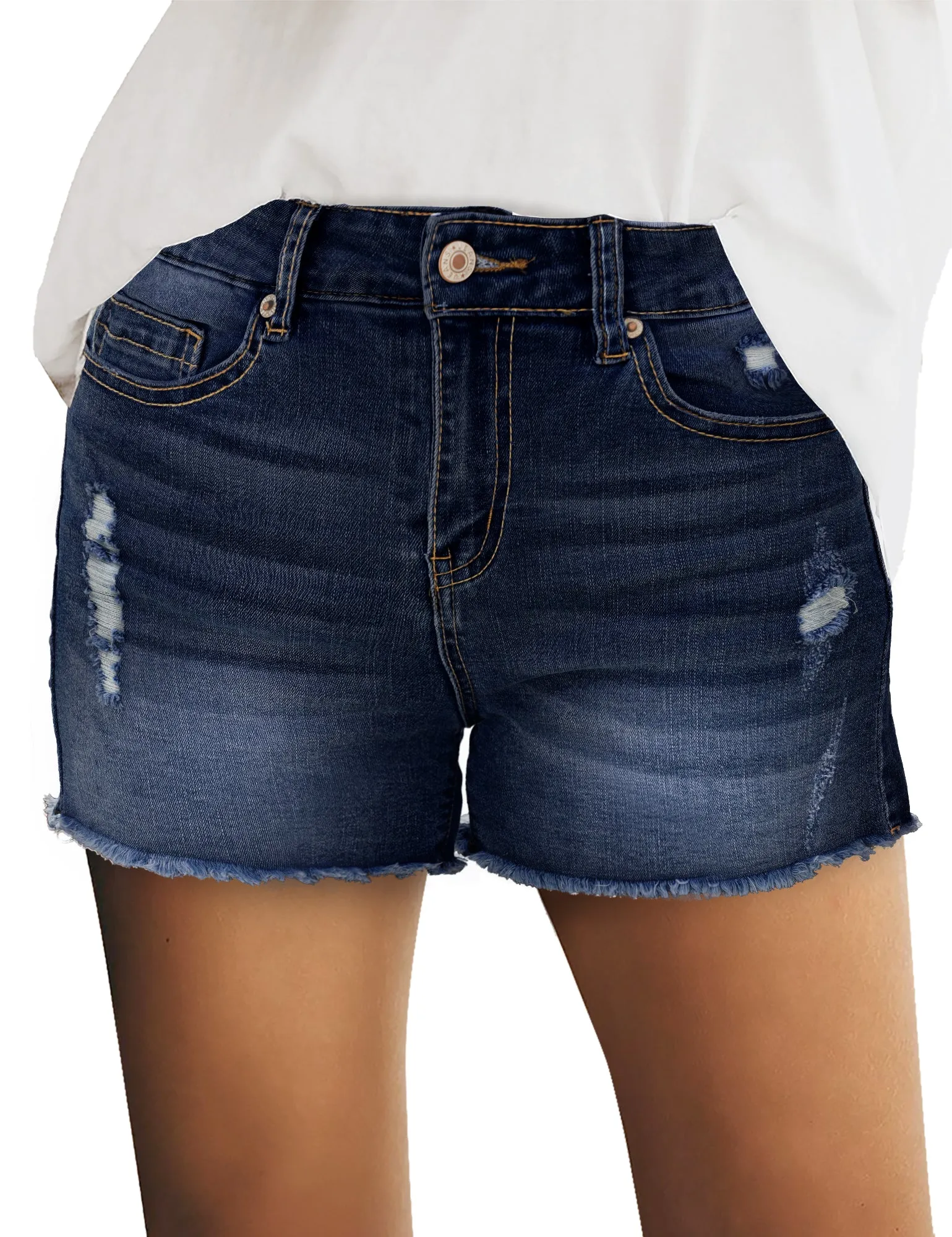 Denim Blue Women's Mid Rise  Hem Distressed Jeans Ripped Denim Shorts