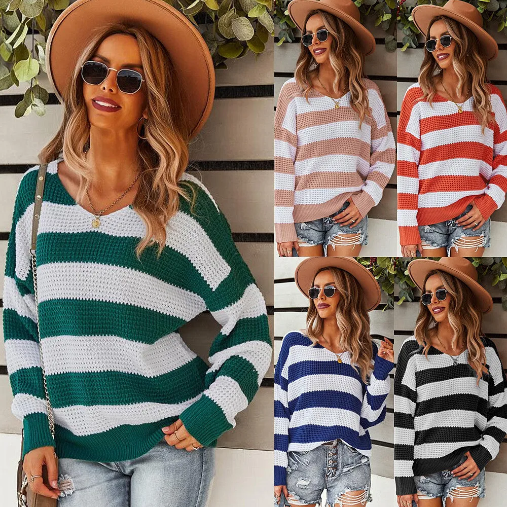 Fashion Long Sleeve Striped Warm Knit Top Wholesale Womens Tops