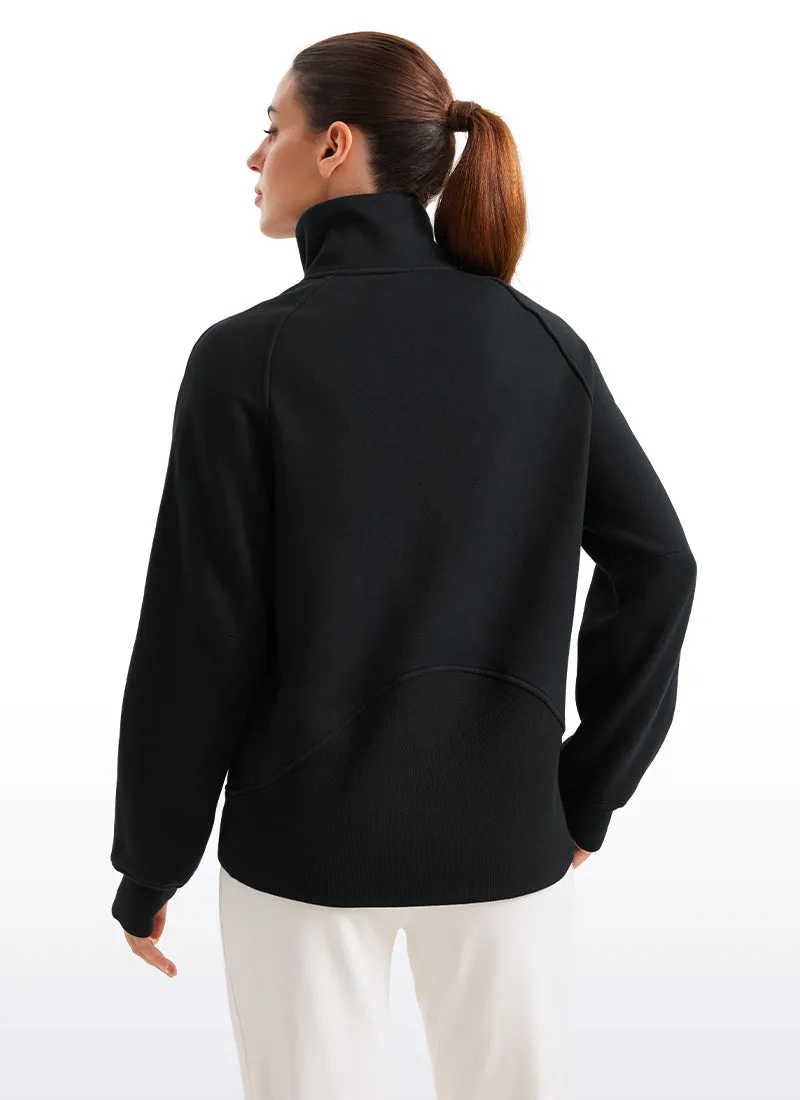 Fleece Lined Half Zip Hip-Length Hoodies Funnel Neck with Thumb Holes