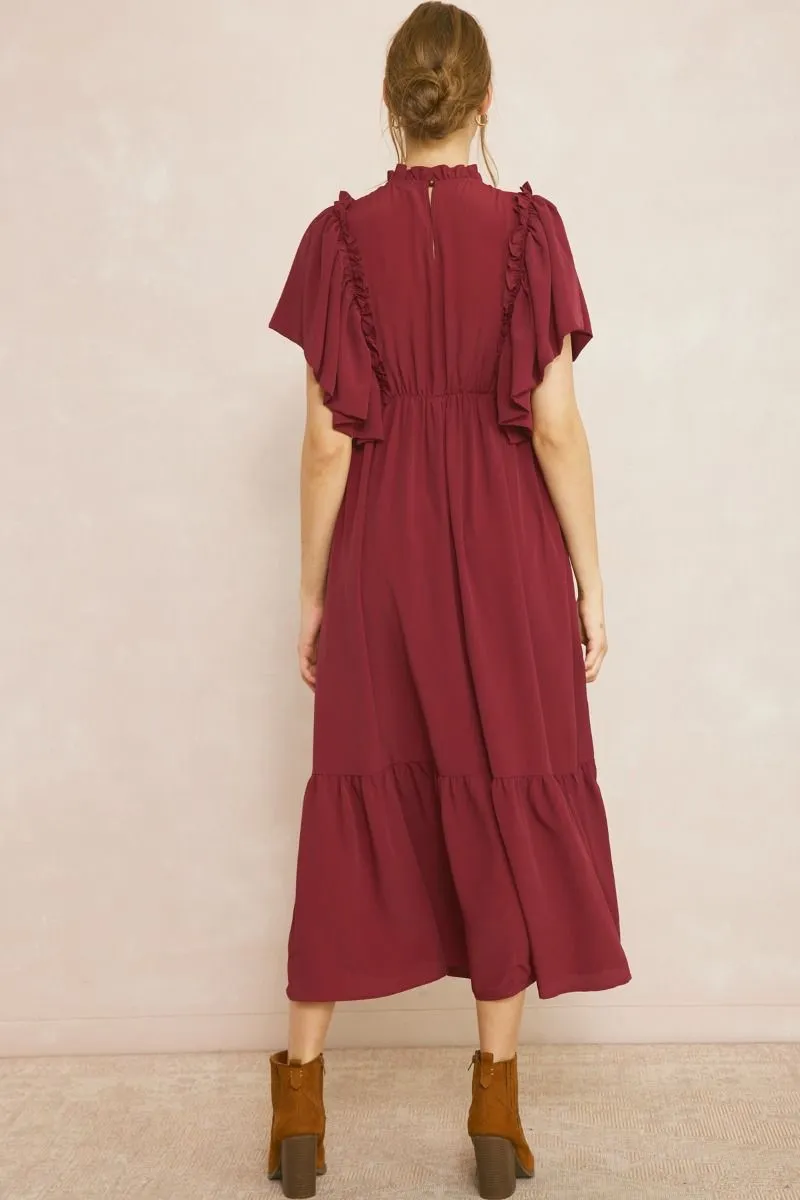 Florence Ruffle Midi Dress - Burgundy