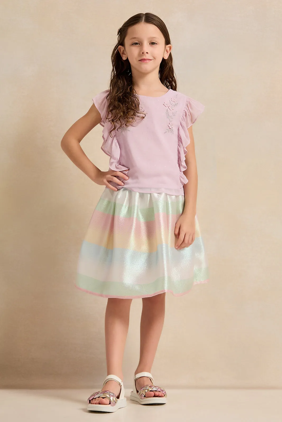 Girls Green Striped Jacquard Skirt