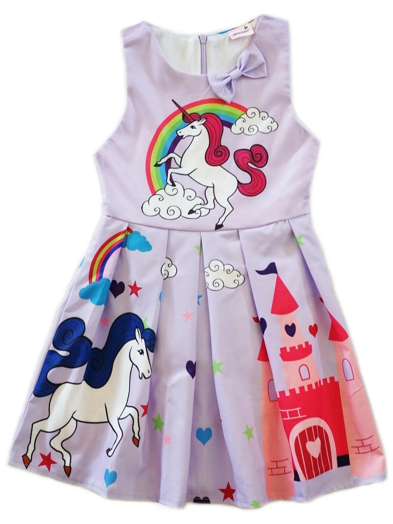 Girls Lavender Rainbow Unicorn Print Bow A-Line Cotton Dress 9M-8