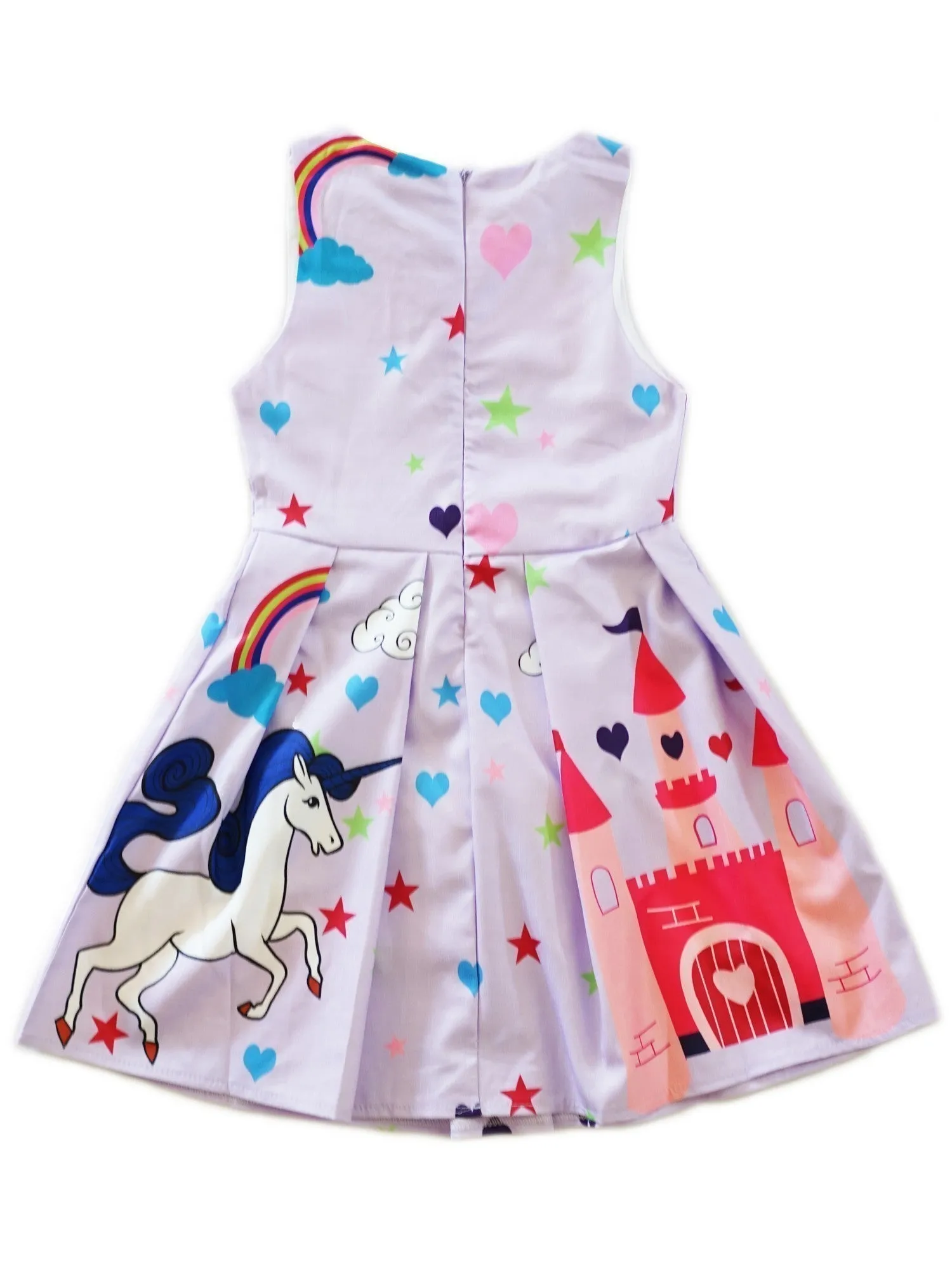 Girls Lavender Rainbow Unicorn Print Bow A-Line Cotton Dress 9M-8