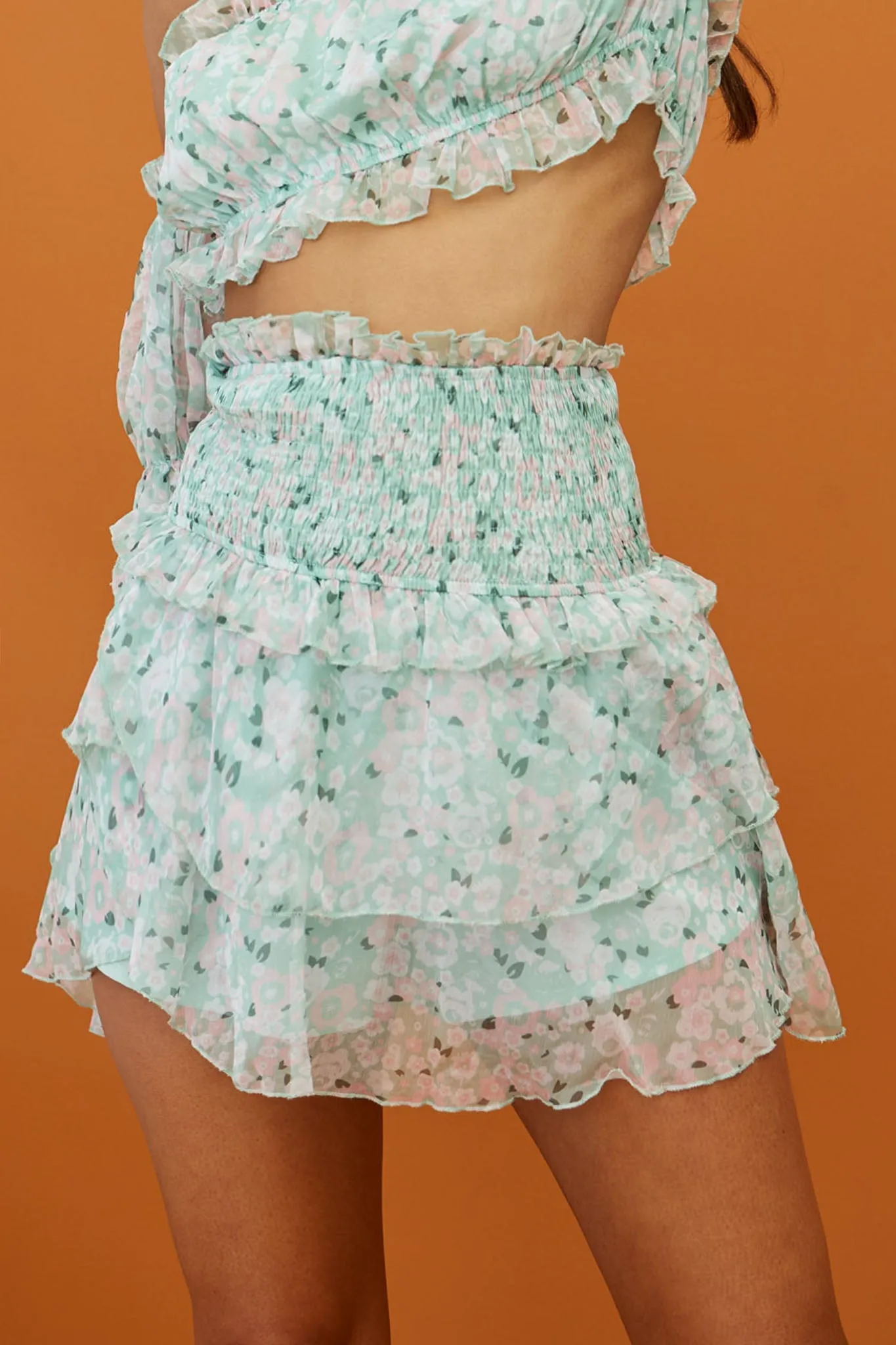 Hearts Beat Shirred Waist Layered Skirt Floral Print Mint