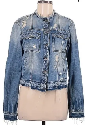 Hidden Collarless Basic Denim Jacket - Light