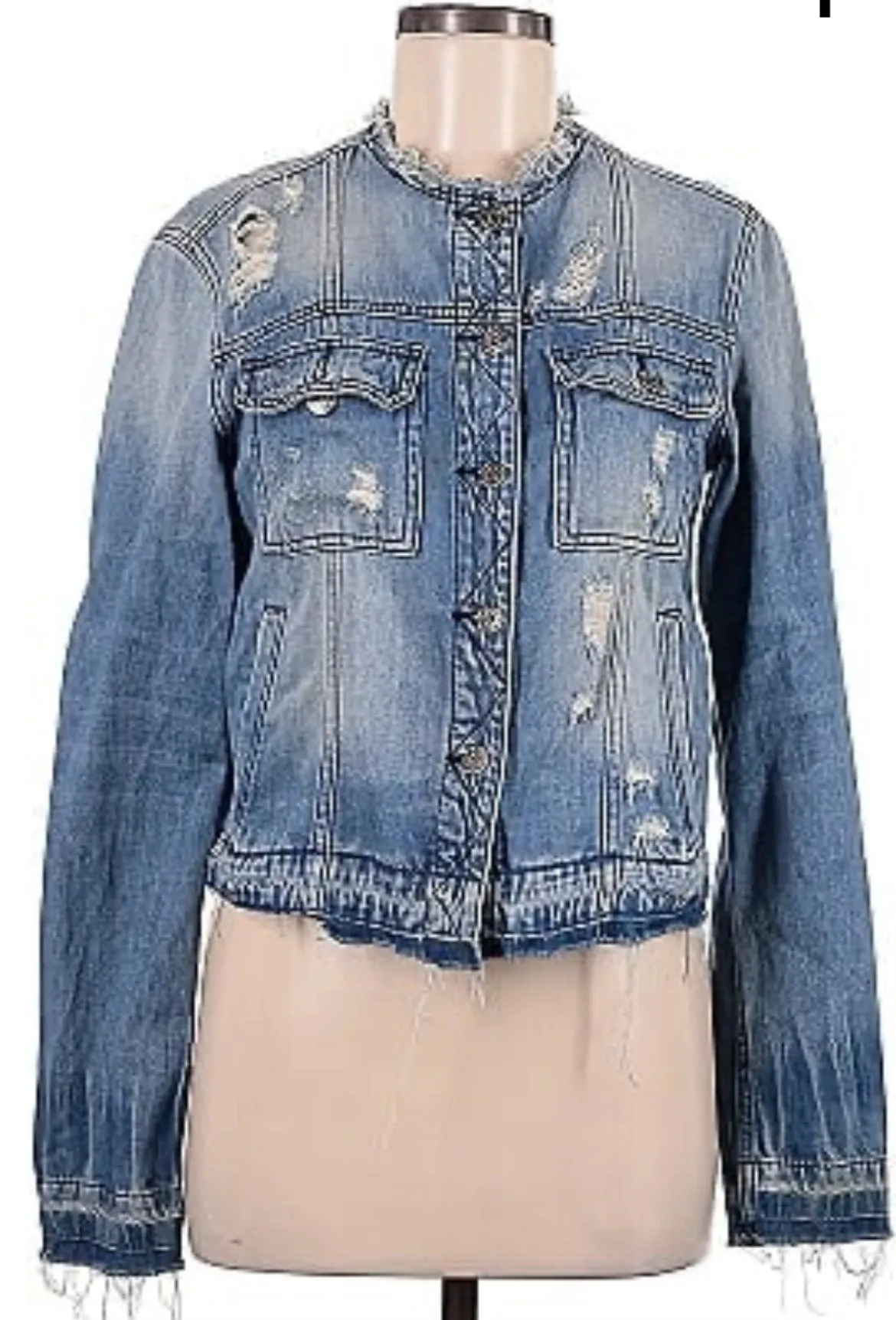 Hidden Collarless Basic Denim Jacket - Light