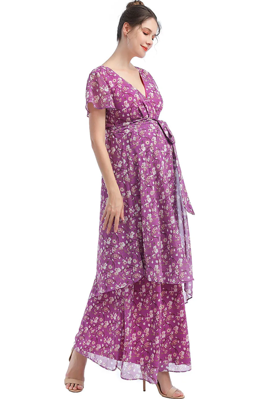 Kimi   Kai Maternity "Jolene" Faux Wrap Chiffon Maxi Dress