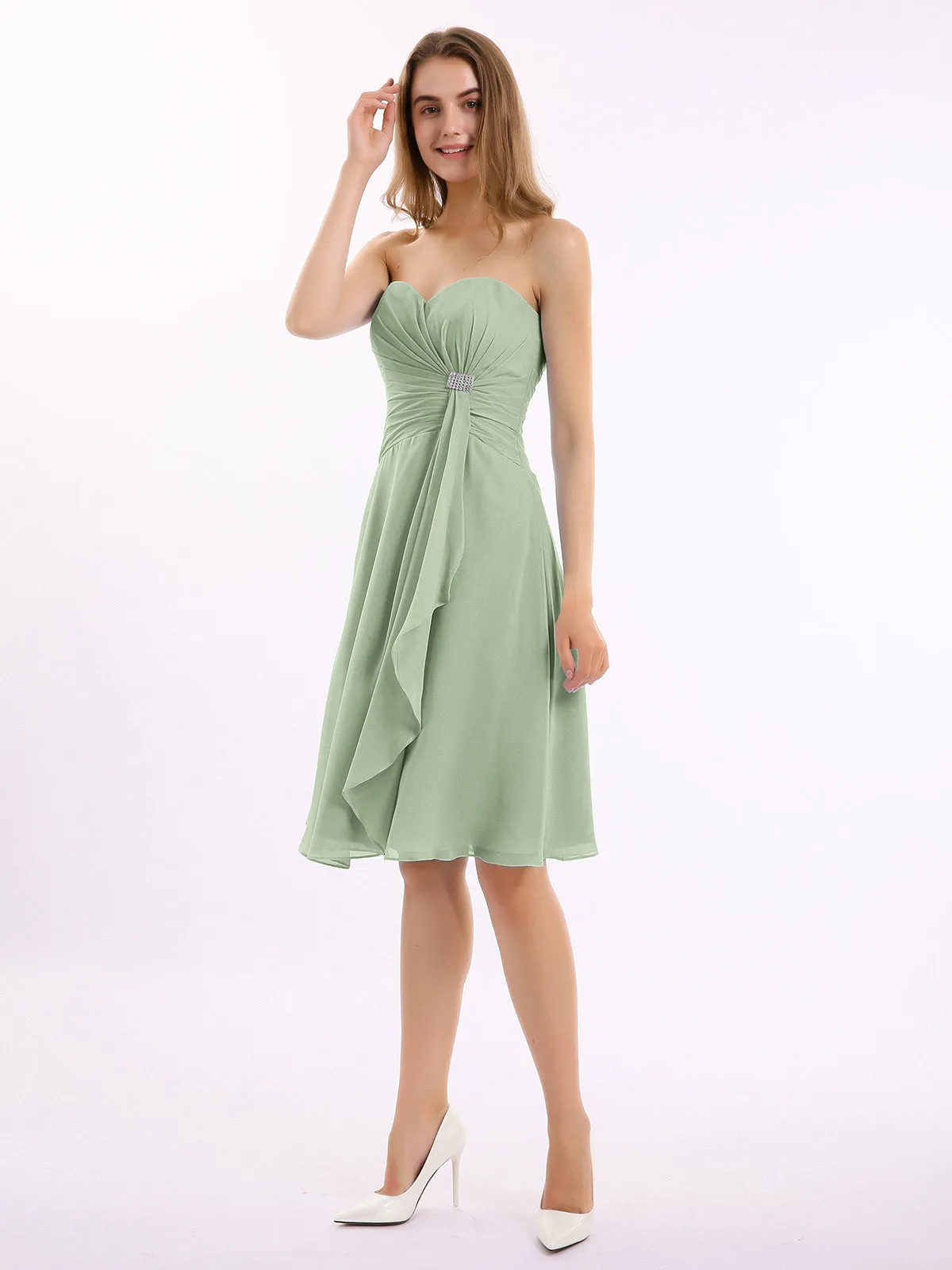 Knee Length Chiffon Dress with Sweetheart Neck-Dusty Sage Plus Size