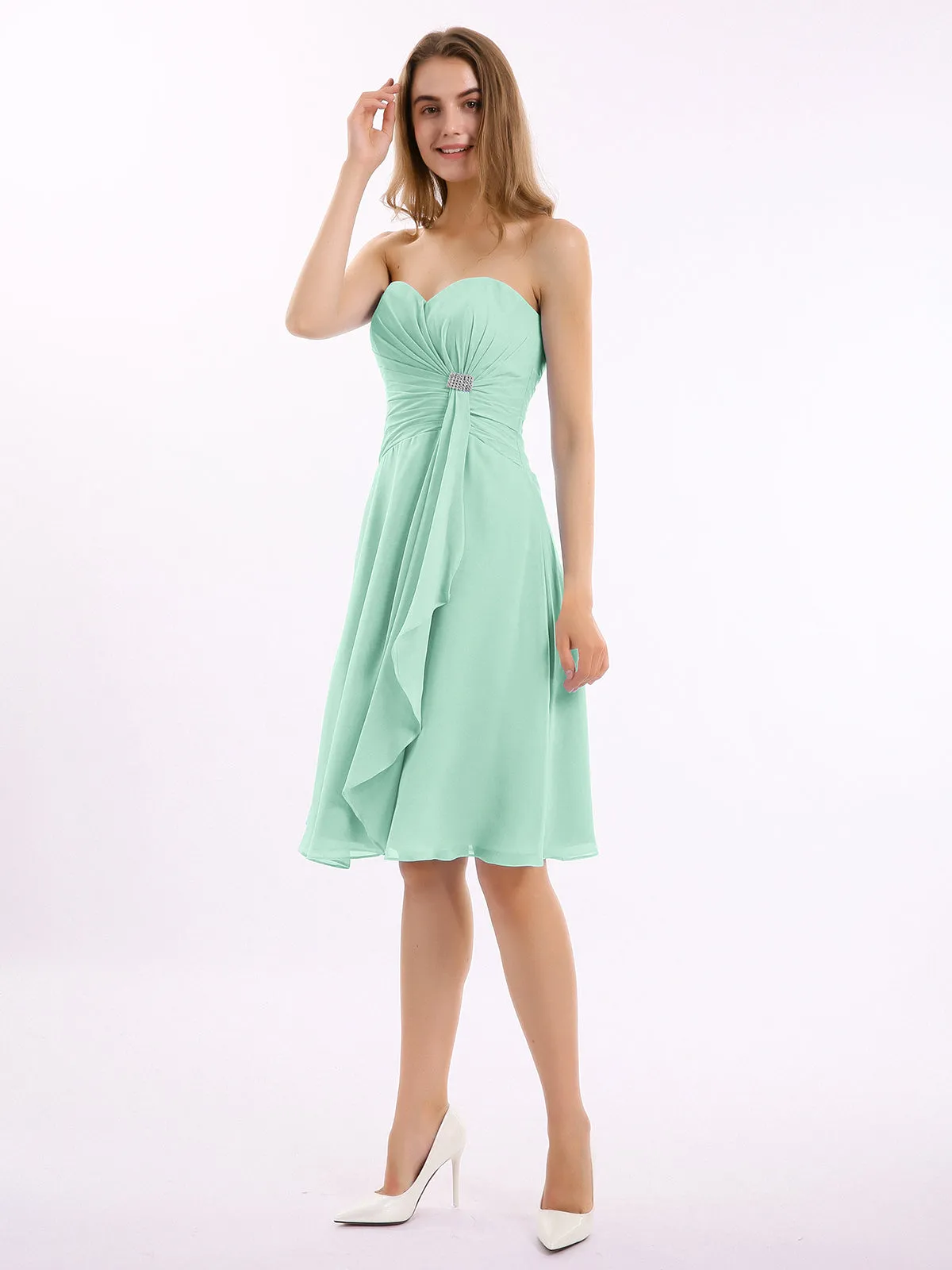 Knee Length Chiffon Dress with Sweetheart Neck-Mint Green Plus Size