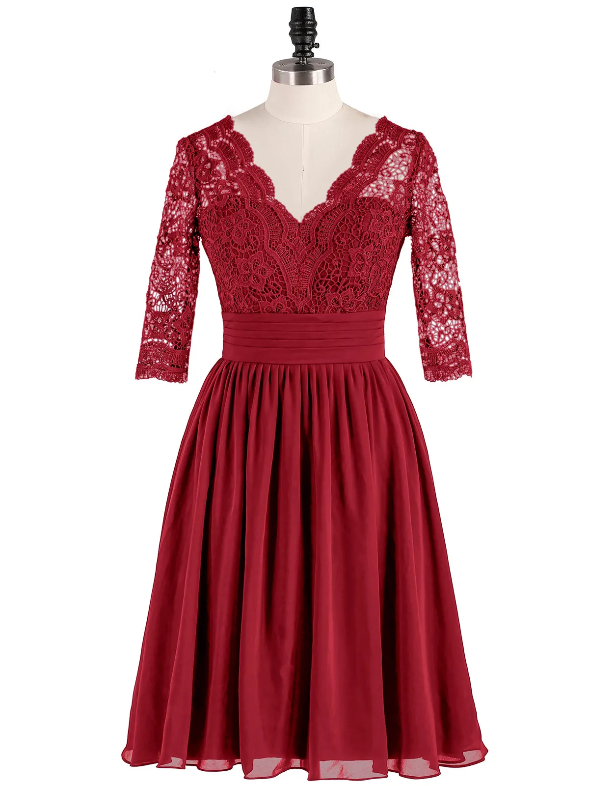 Lace and Chiffon Short Dress with Half Sleeves Burgundy