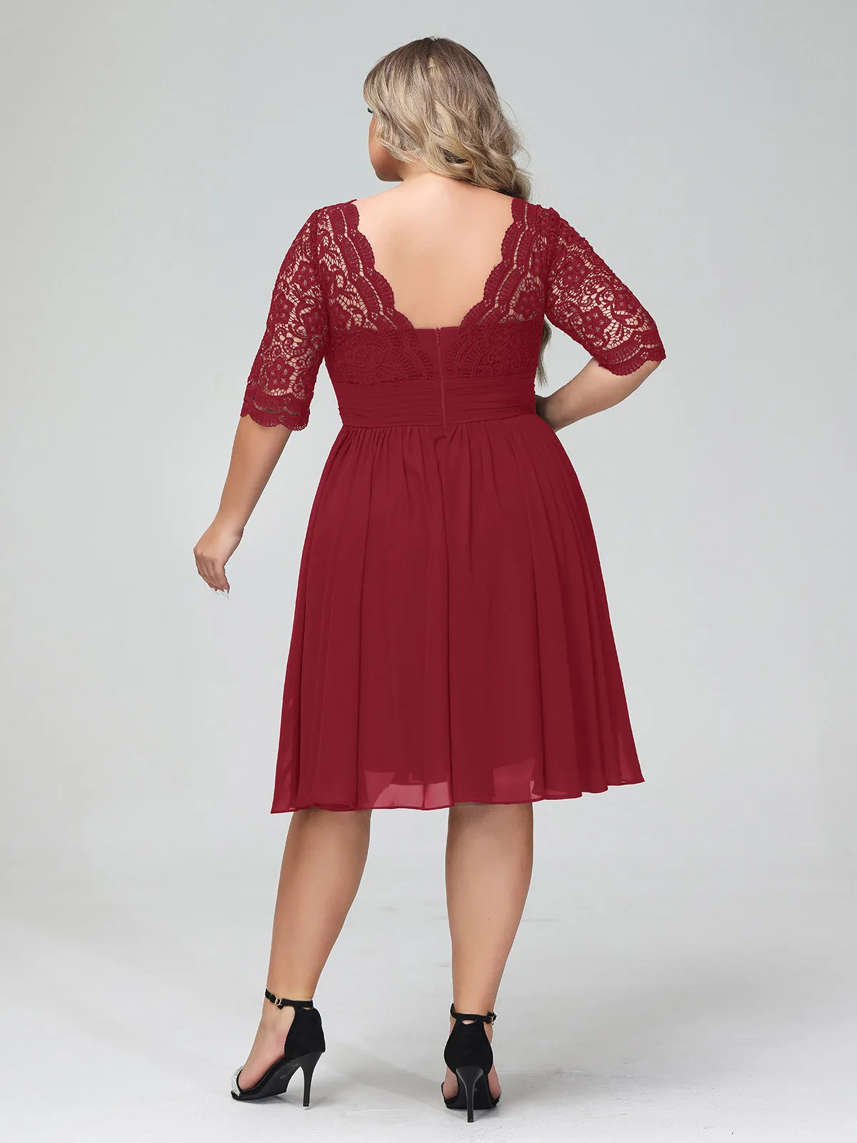 Lace and Chiffon Short Dress with Half Sleeves Burgundy