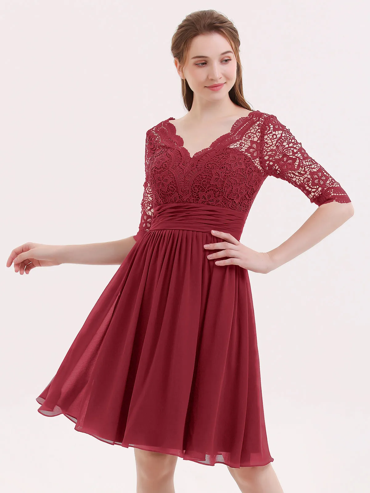 Lace and Chiffon Short Dress with Half Sleeves Burgundy